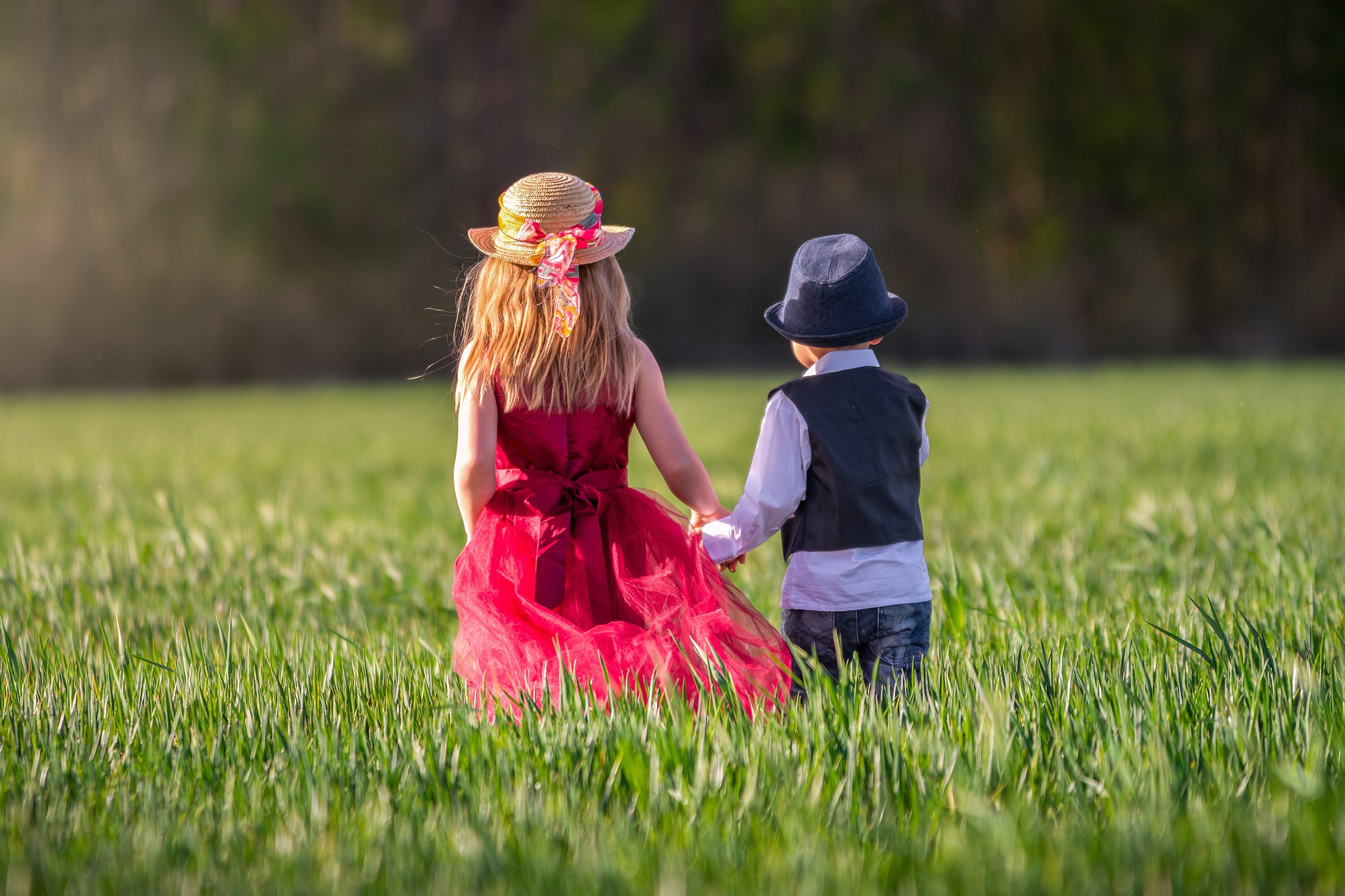 Two children holding hands in a grassy field HD Wallpaper