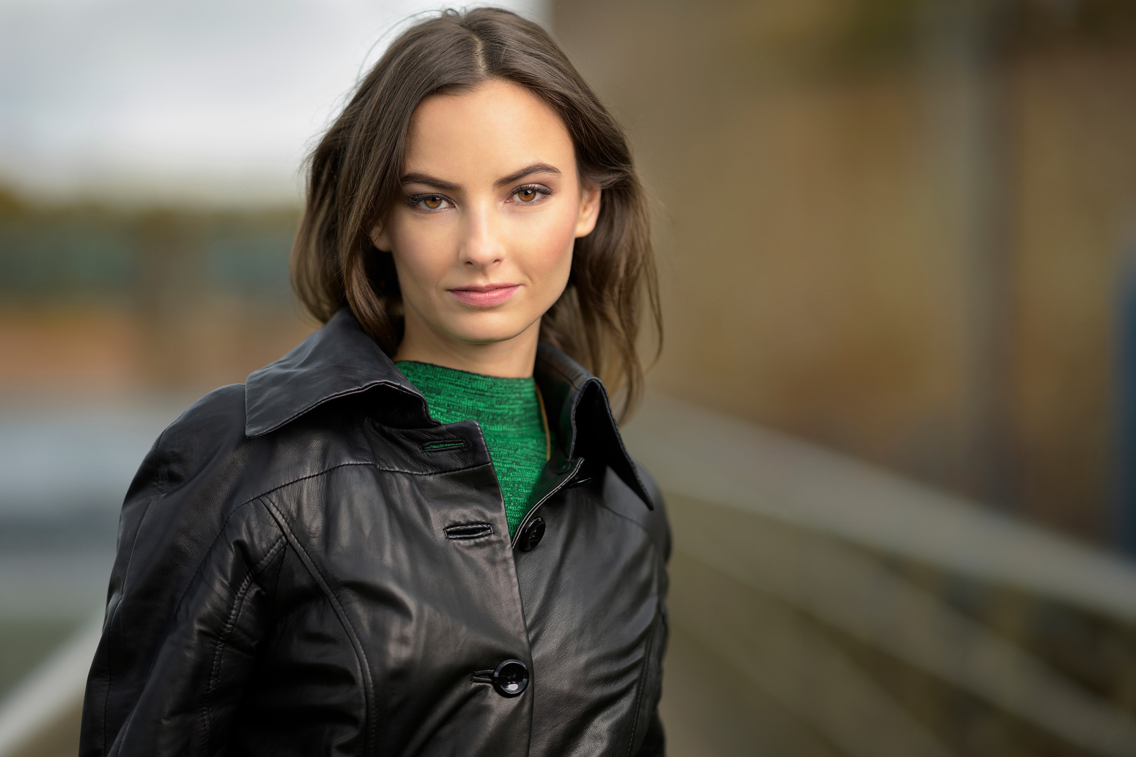 Alena in a black leather jacket HD Wallpaper