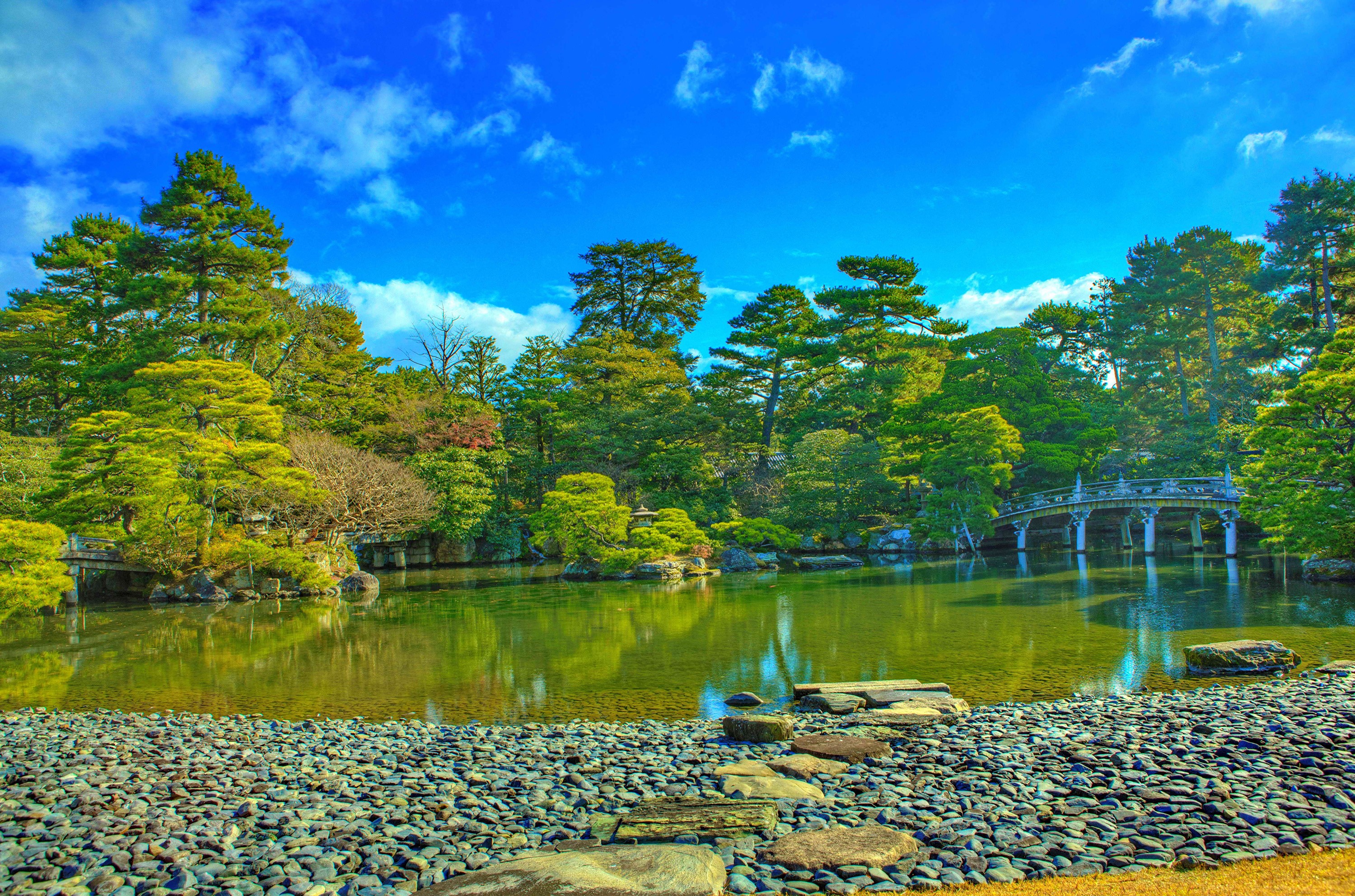 Kyoto Imperial Palace Park with Pond and Bridge HD Wallpaper