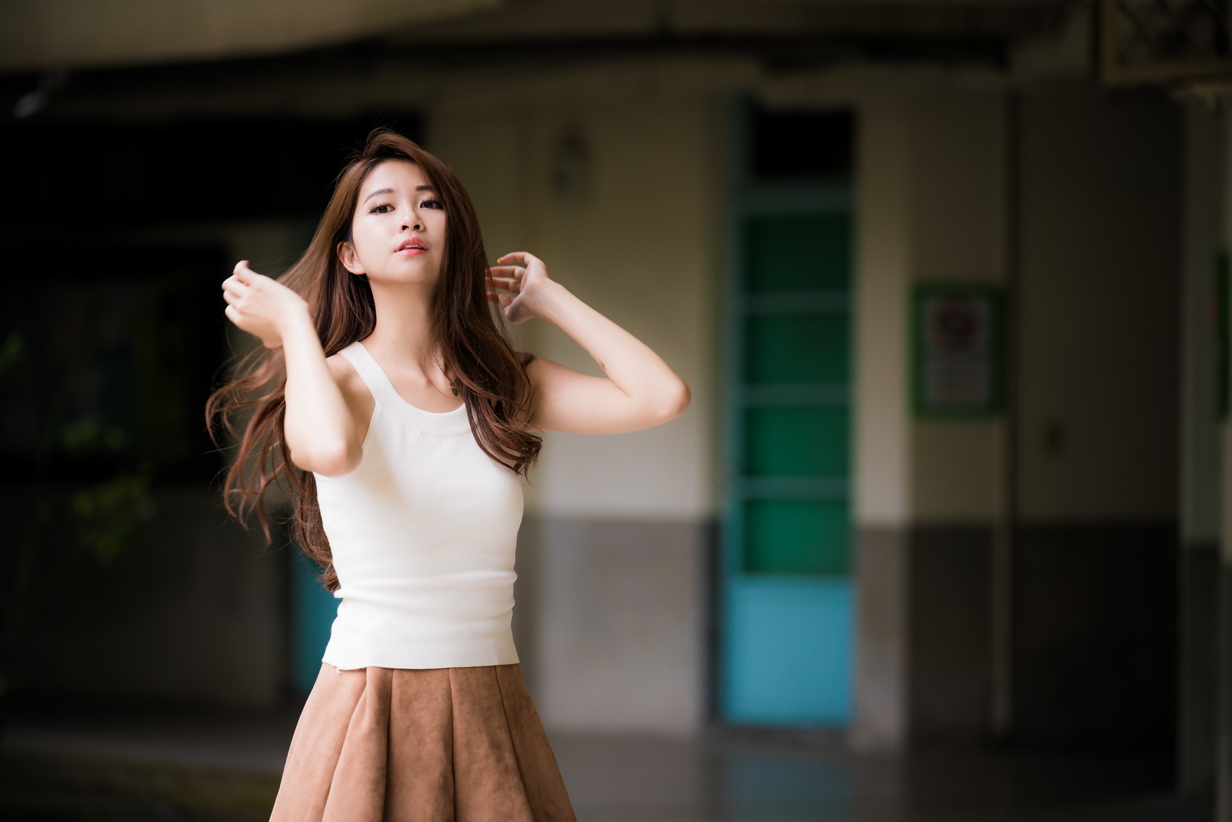 4K Asian Woman in White Singlet and Brown Skirt HD Wallpaper