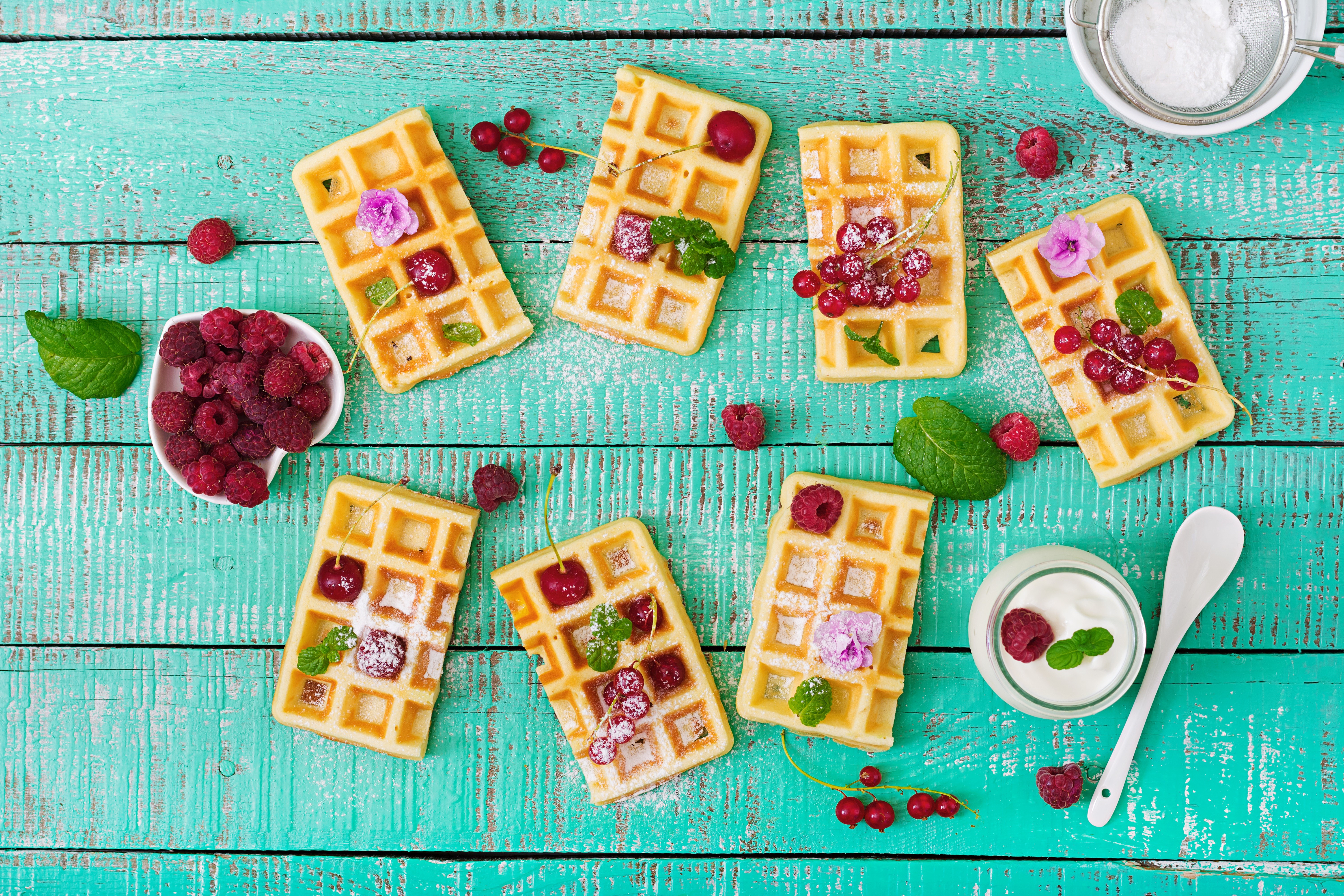 Waffles with Raspberries and Red Currants on Wood HD Wallpaper
