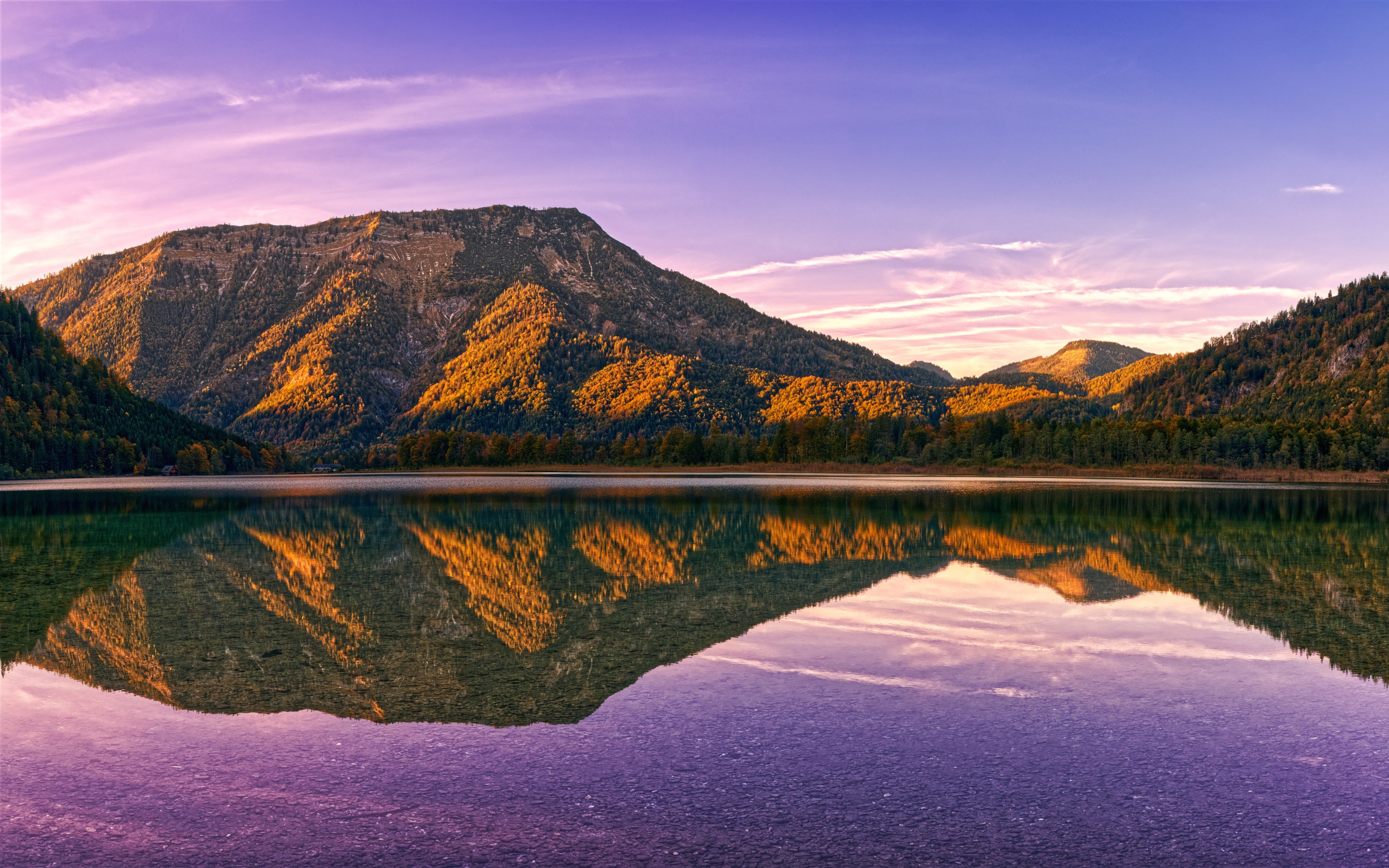 Lake reflection of mountains and forest at sunset HD Wallpaper