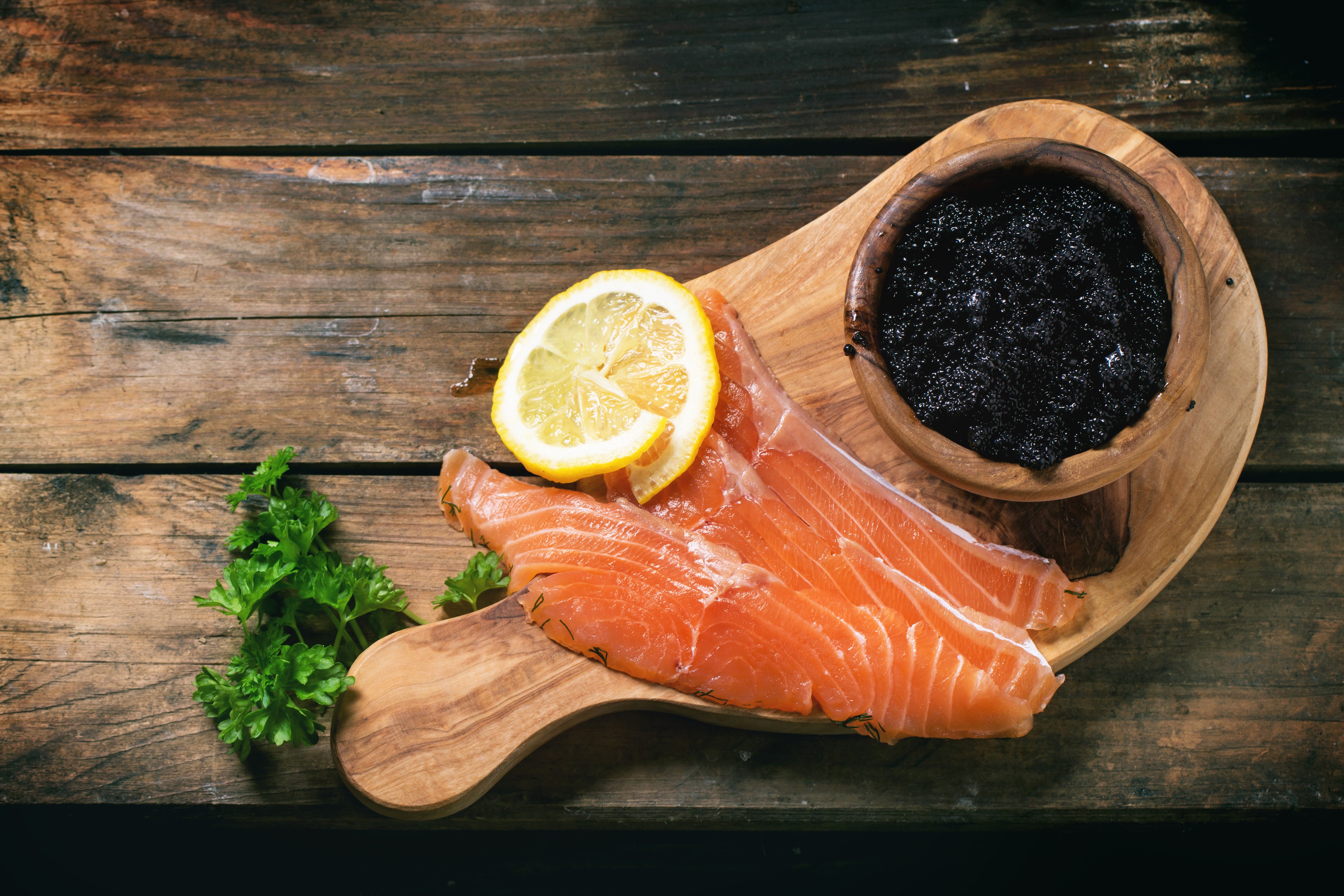 Salmon, Caviar, Lemon, and Parsley on Wood HD Wallpaper