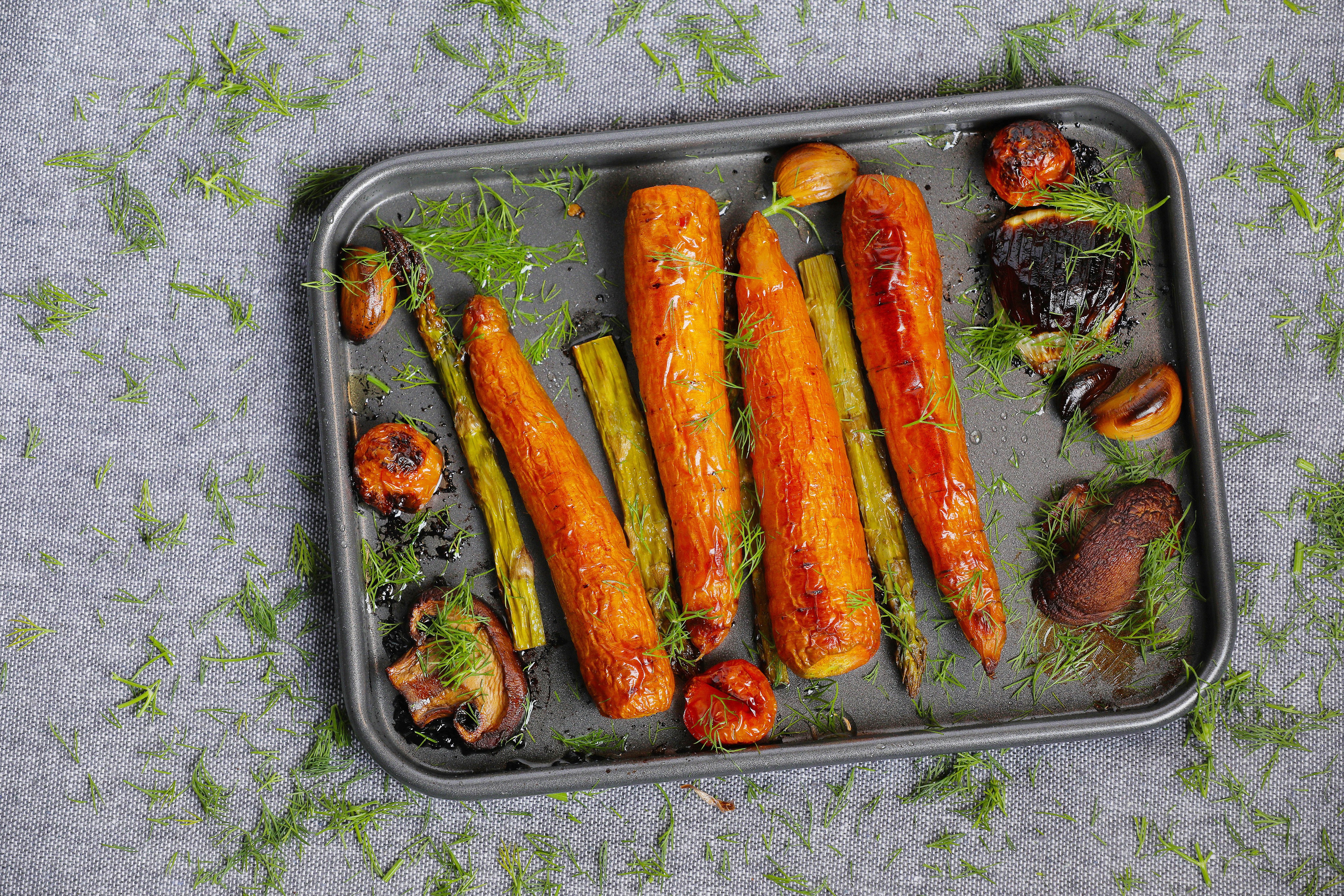 Roasted Carrots, Asparagus, Mushrooms, and Tomatoes on a Baking Sheet HD Wallpaper