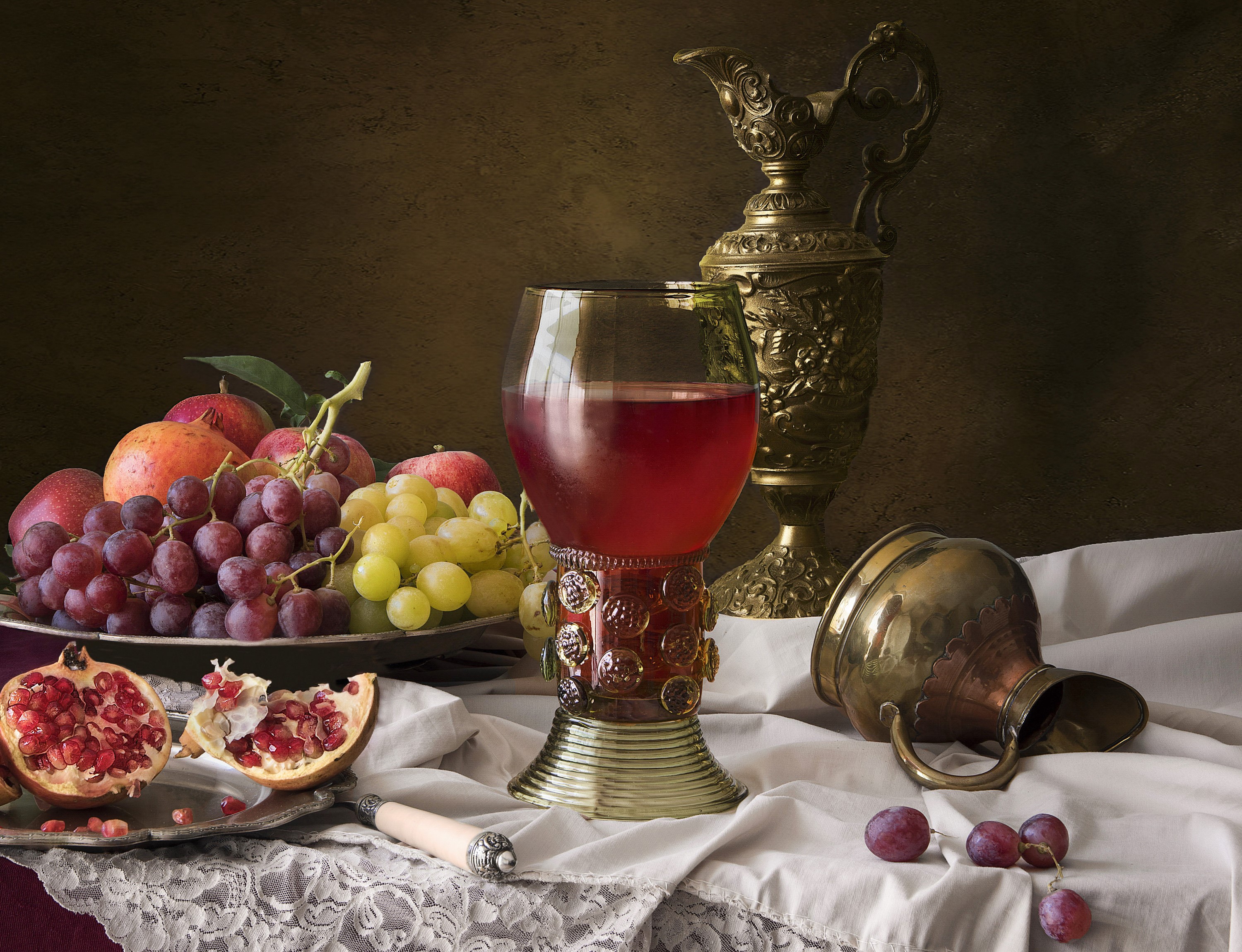 Still-life with fruit, wine, and antique jugs HD Wallpaper