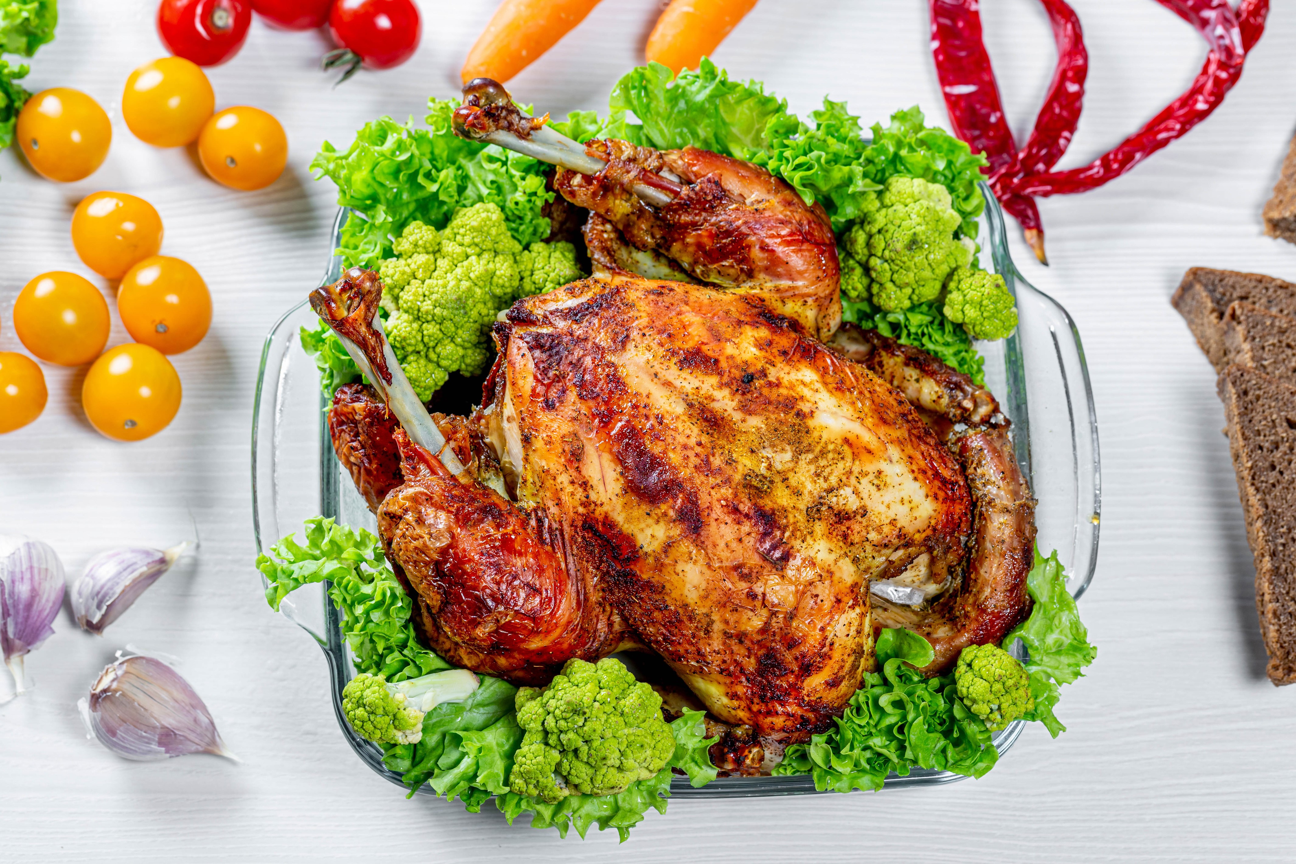 4K Roast Chicken with Broccoli and Vegetables HD Wallpaper