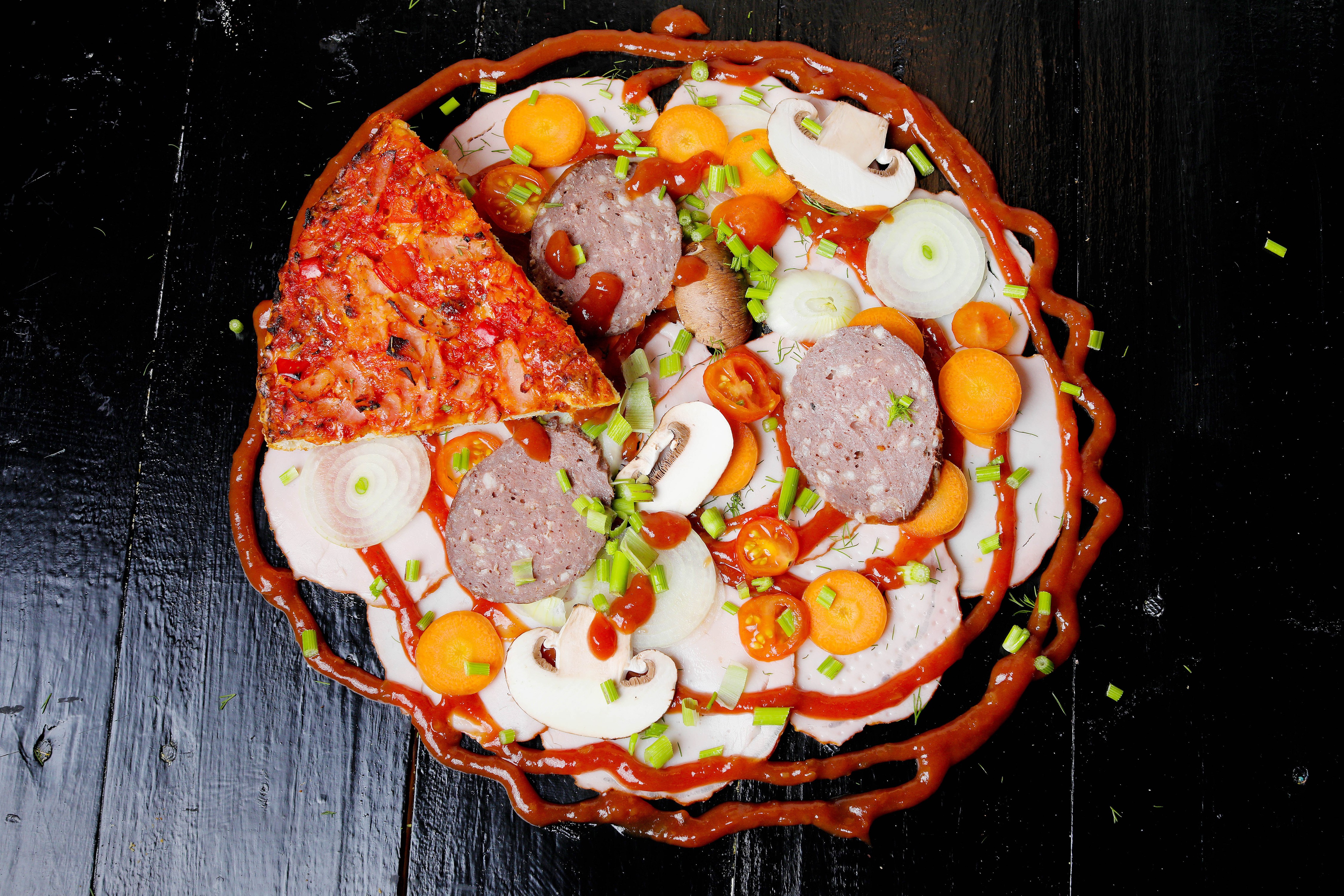 Pizza with Sausage, Mushrooms, and Vegetables on Wood HD Wallpaper