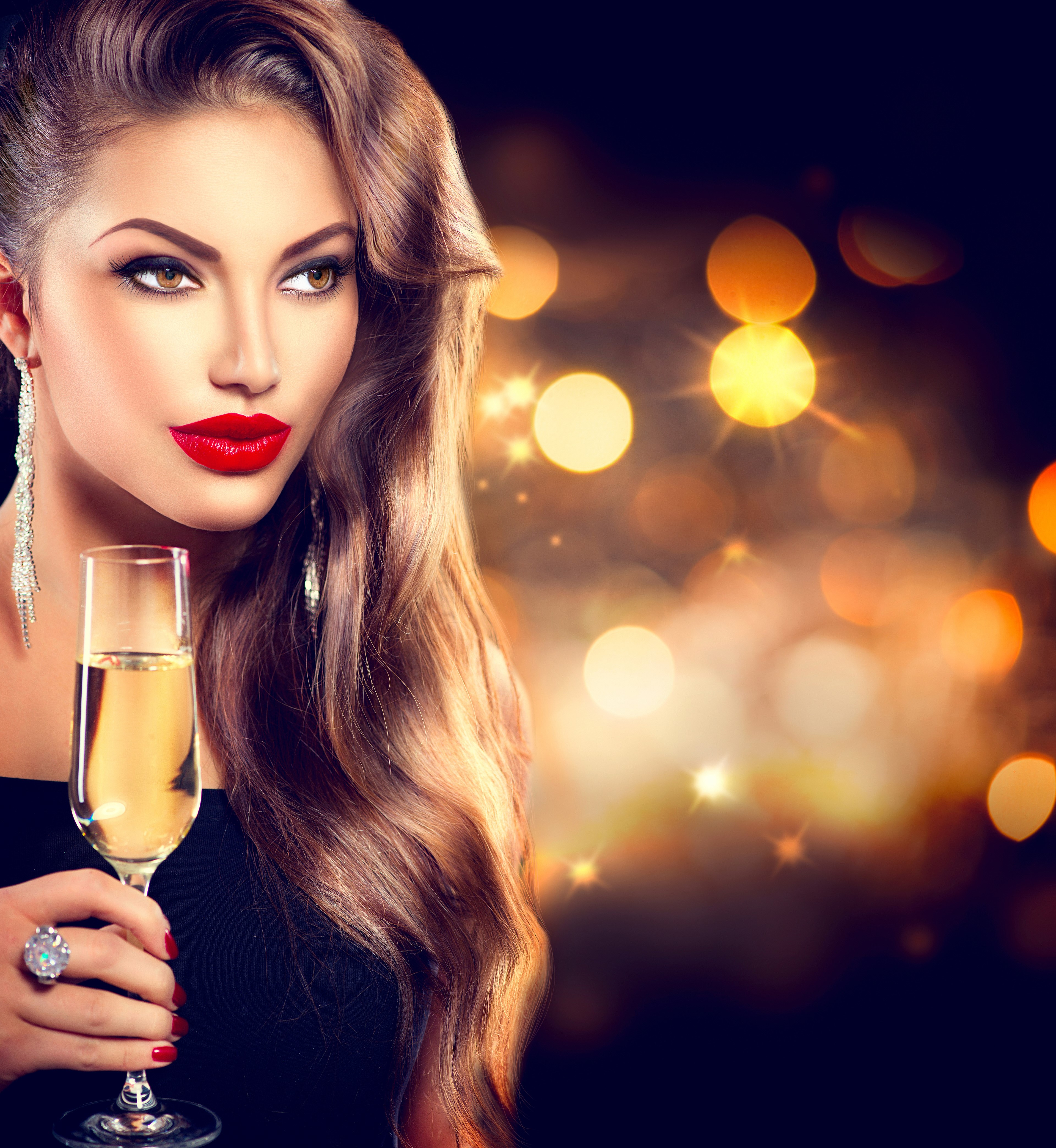 Woman with Champagne and Red Lips HD Wallpaper