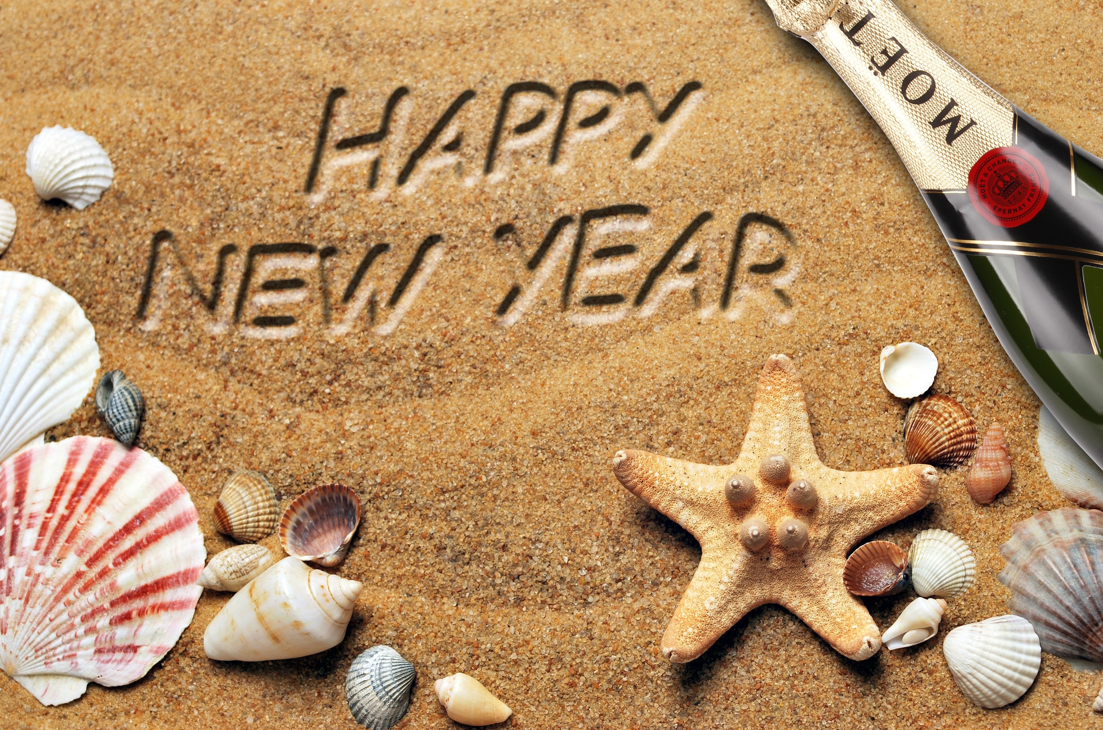 Happy New Year written in sand with seashells and champagne HD Wallpaper