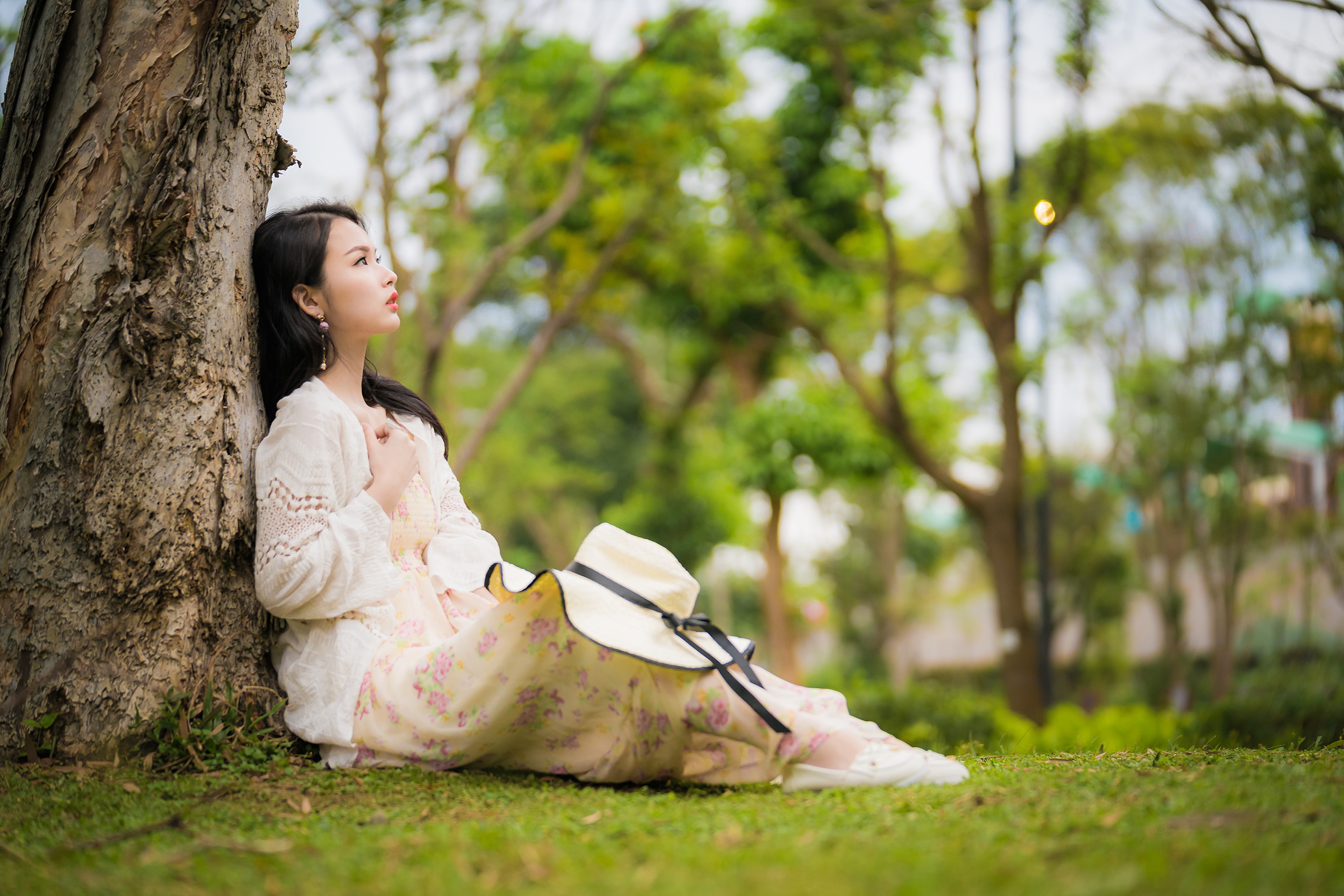 Asian woman sitting by a tree with a hat HD Wallpaper