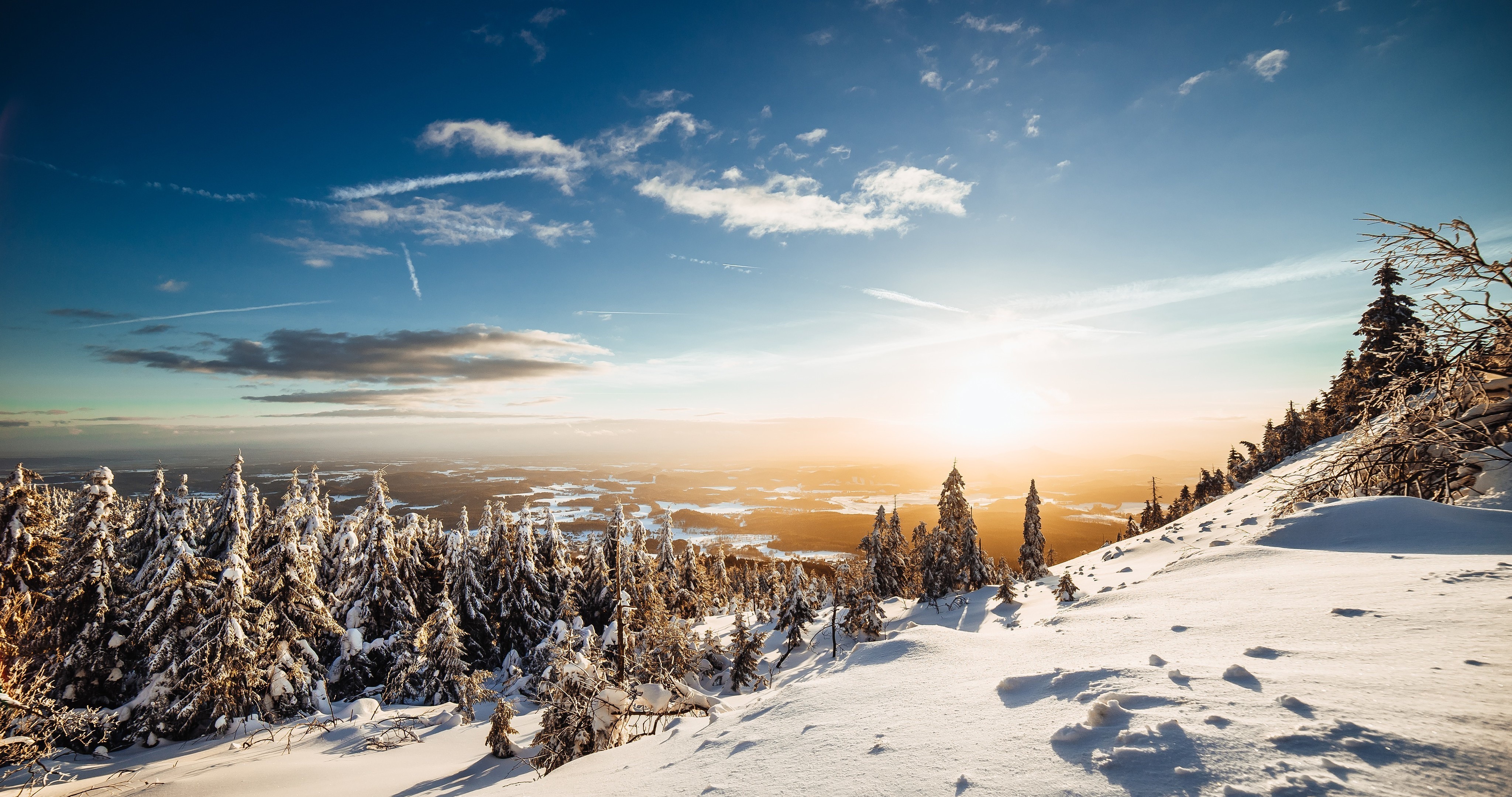 Winter mountain scenery with snow-covered trees and sunset HD Wallpaper