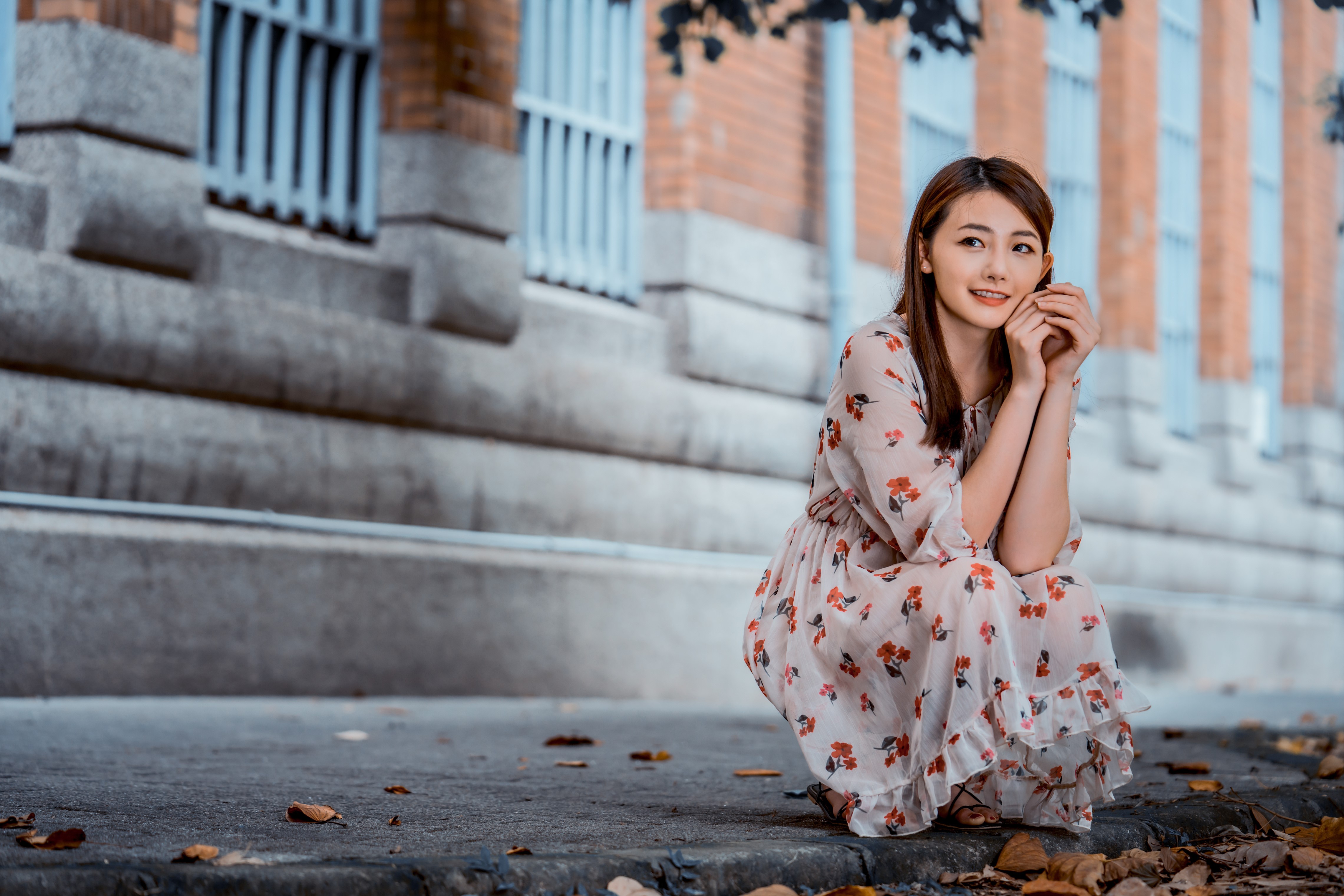 Asian woman with brown hair in a floral dress HD Wallpaper