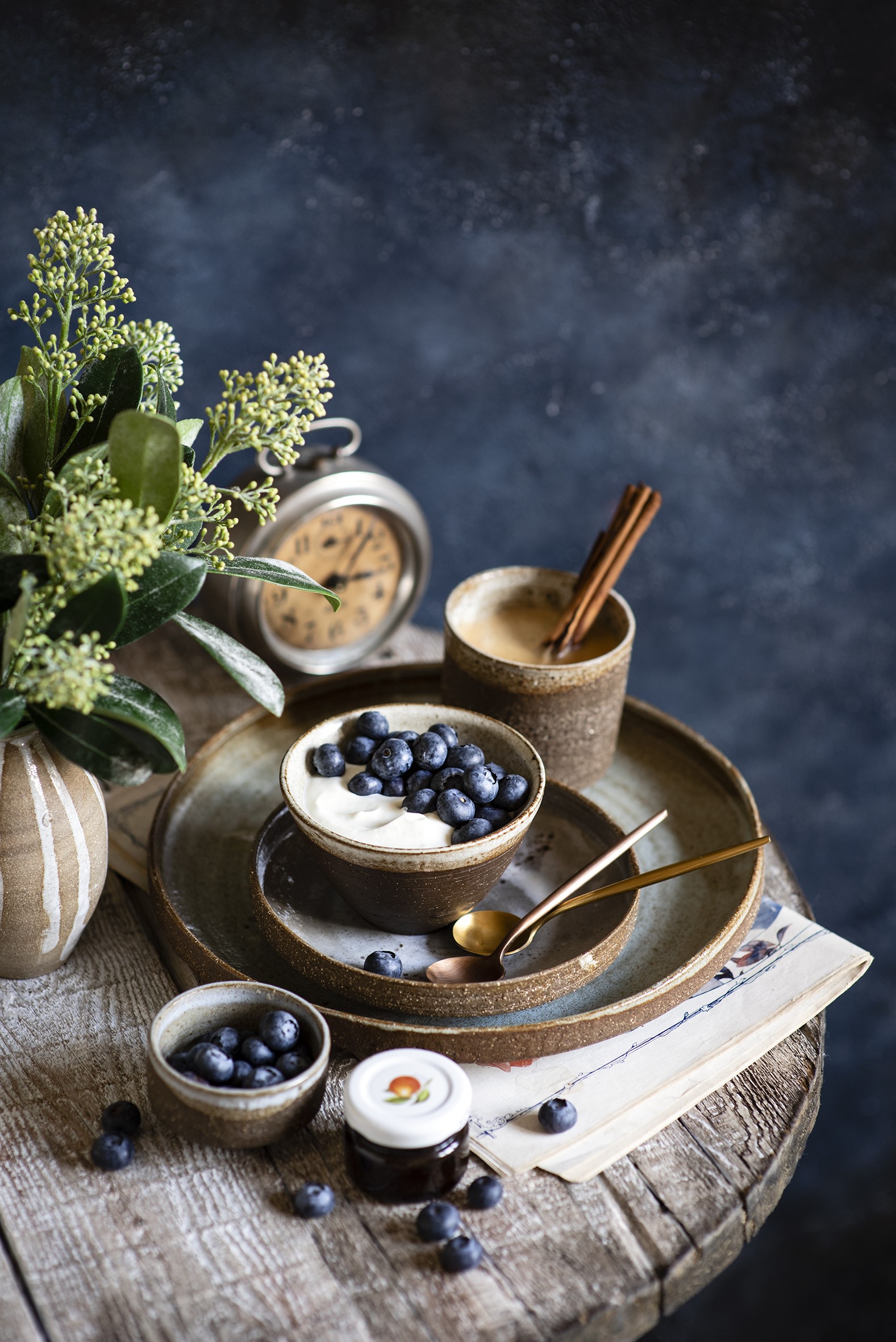 Blueberry Yogurt Breakfast with Coffee and Clock HD Phone Wallpaper