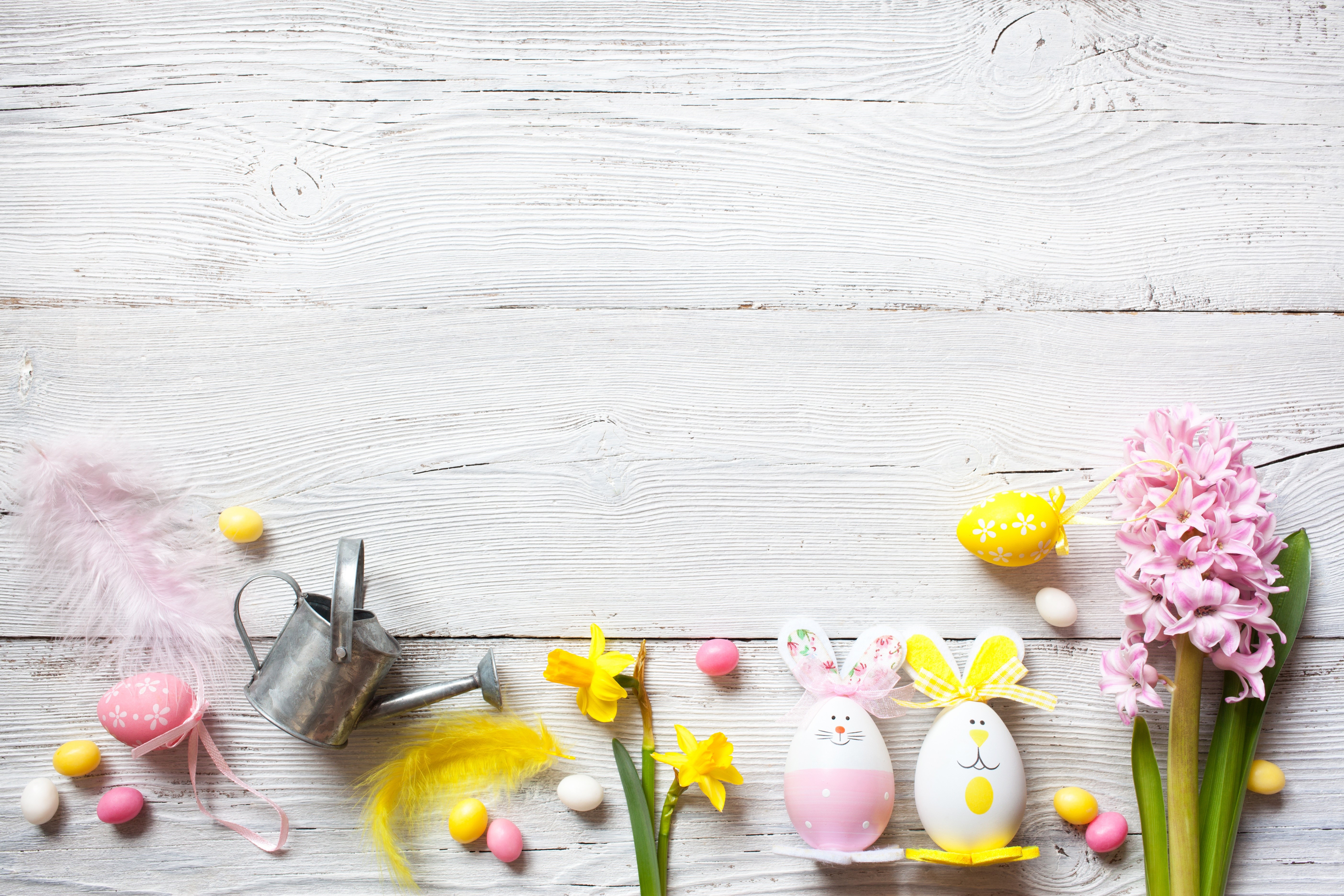 Easter Eggs and Hyacinth Flower on White Wood HD Wallpaper