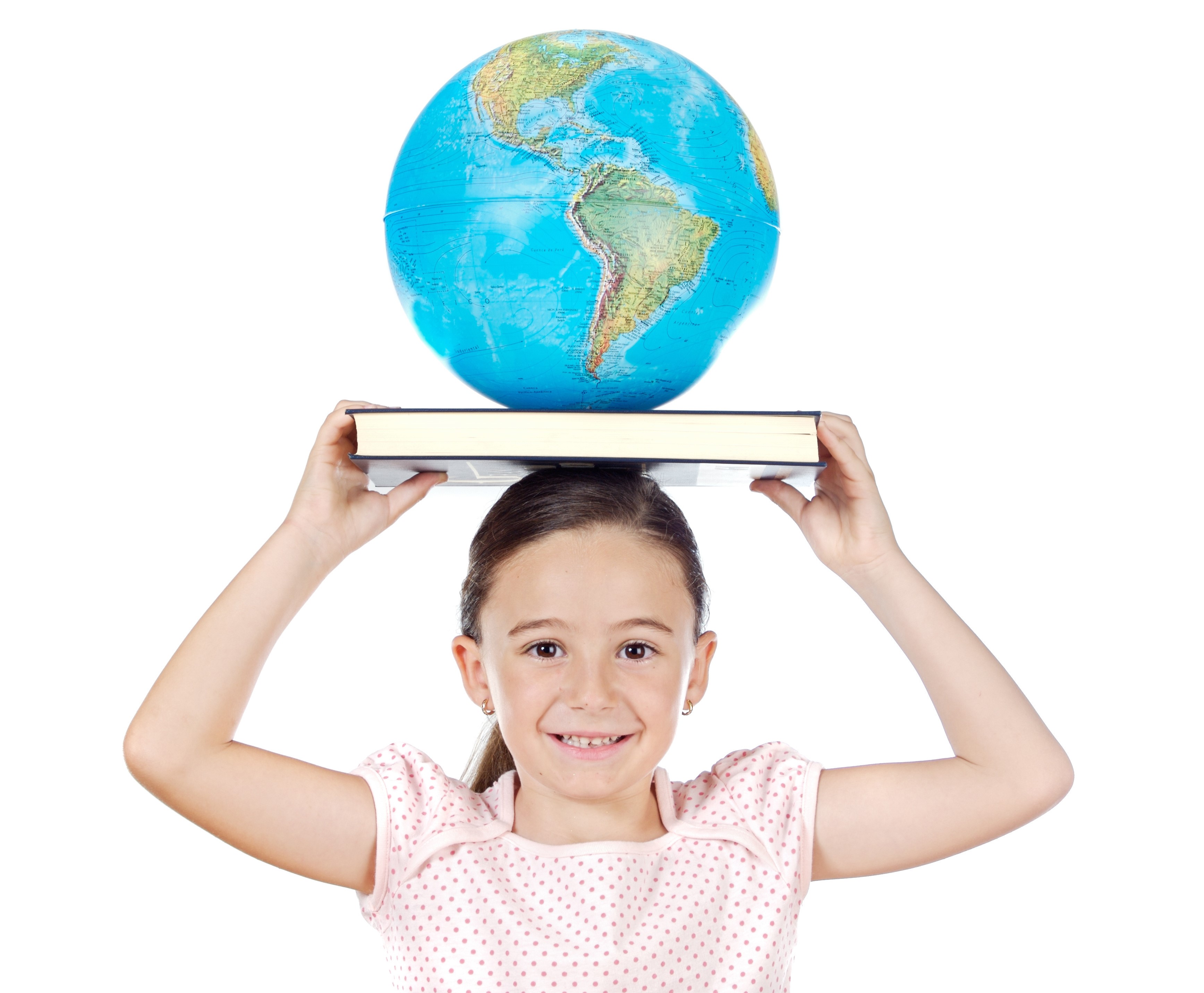 Girl balancing a book and globe on her head HD Wallpaper