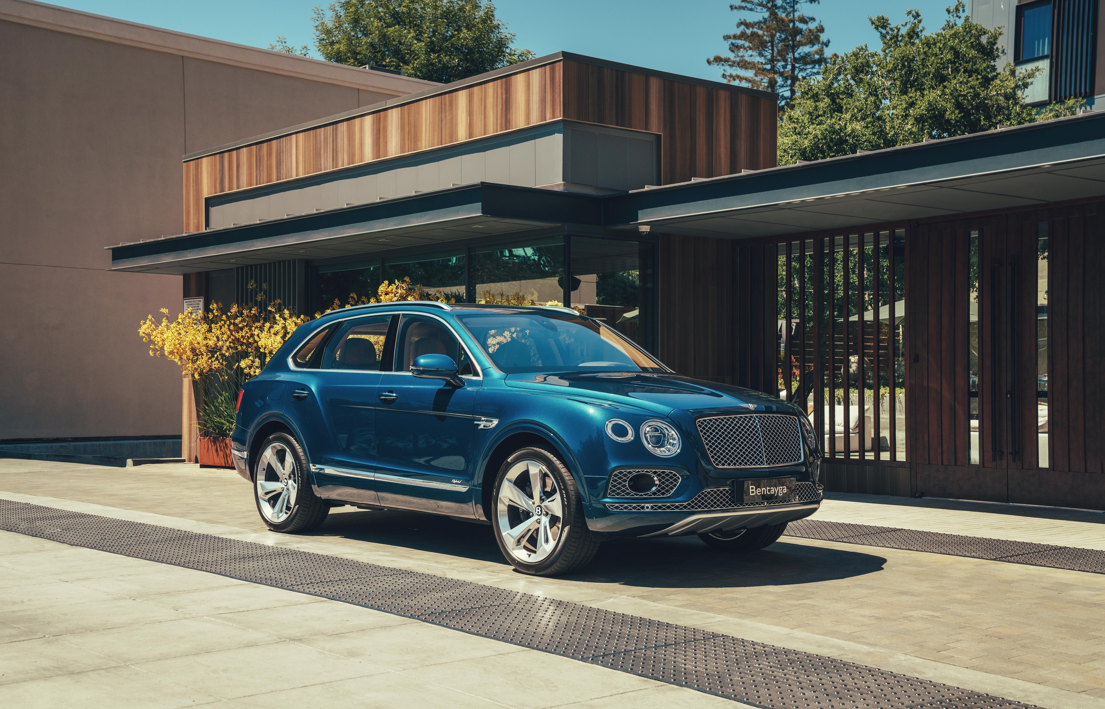 Blue Bentley Bentayga Hybrid parked in front of a modern building HD Wallpaper