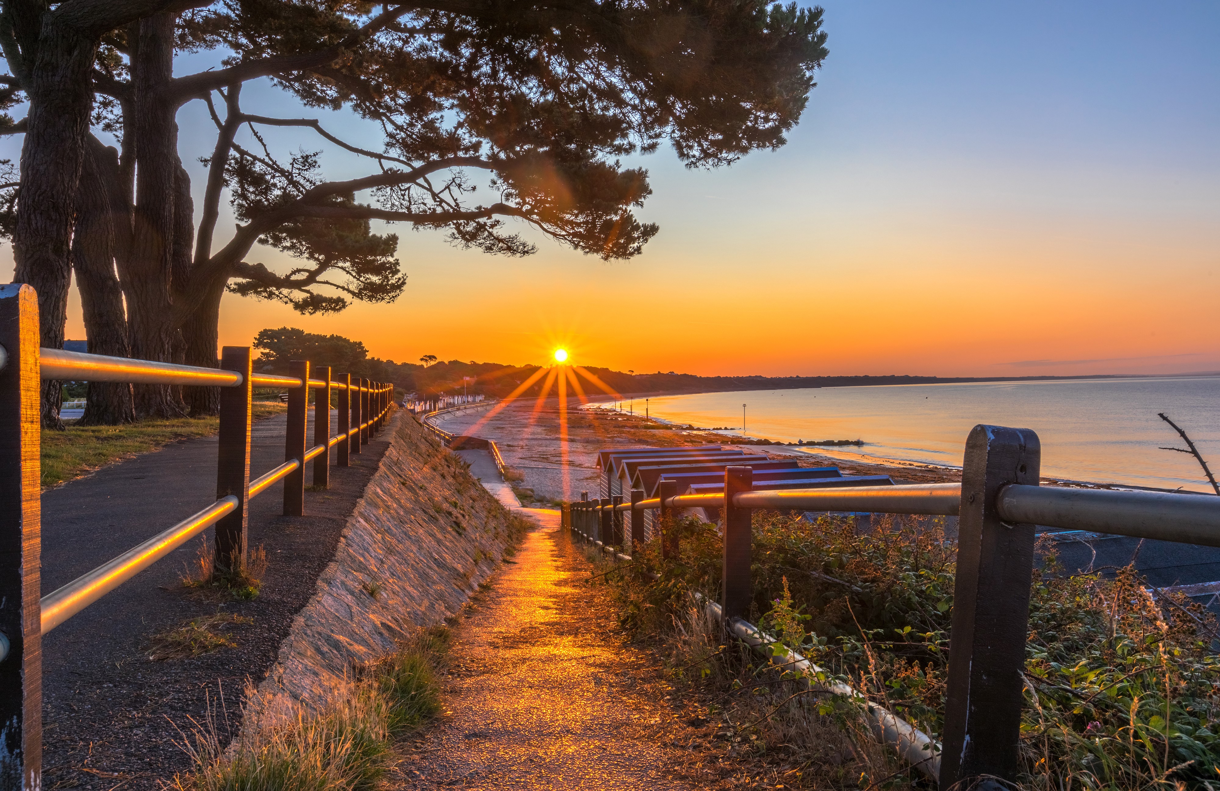 Sunrise over Mudeford Christchurch Coast with Trees and Fence HD Wallpaper