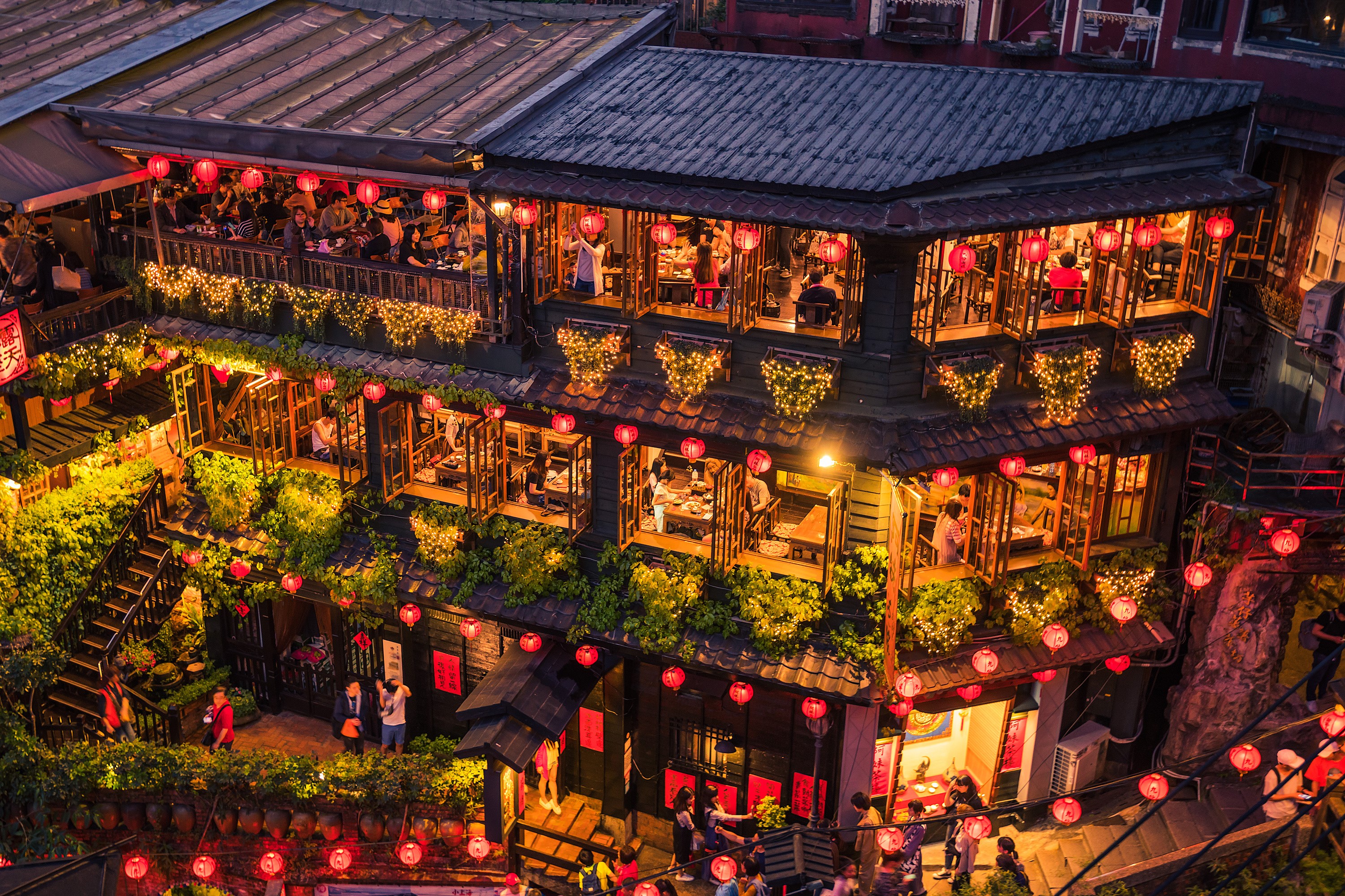 Jiufen Old Street in New Taipei, Taiwan at Dusk HD Wallpaper