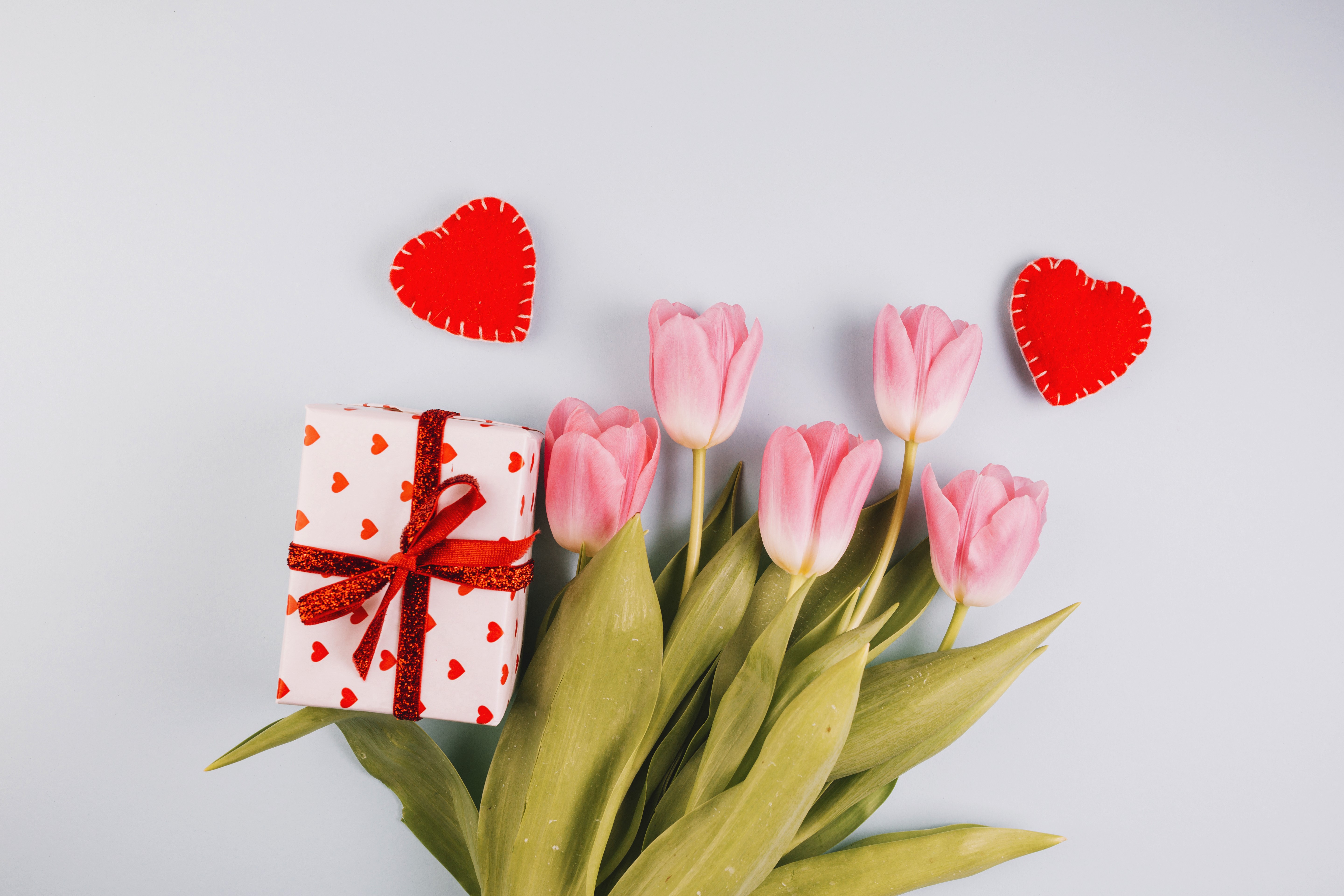 Pink Tulips and Gift with Hearts on Gray Background HD Wallpaper