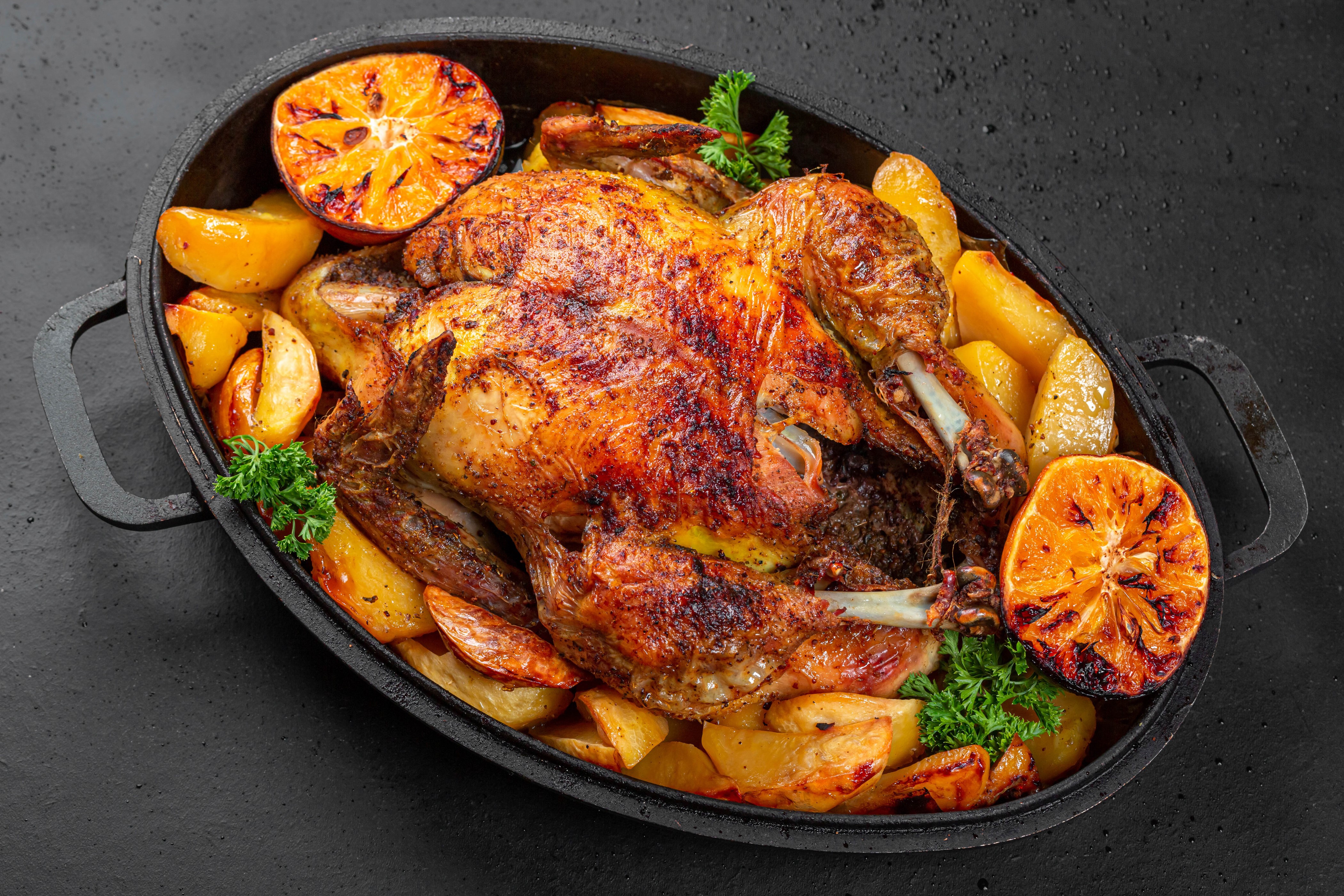 4K Roast Chicken with Potatoes and Oranges HD Wallpaper