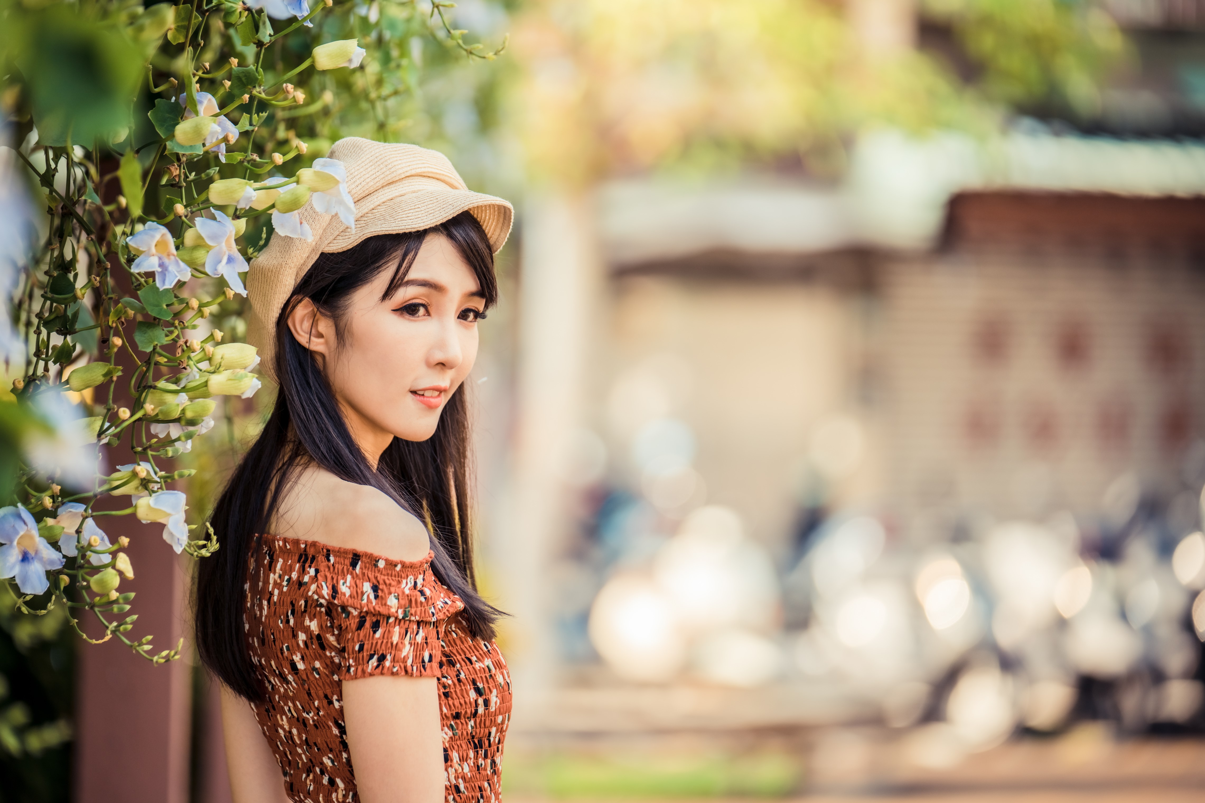 Asian girl with flowers and hat HD Wallpaper