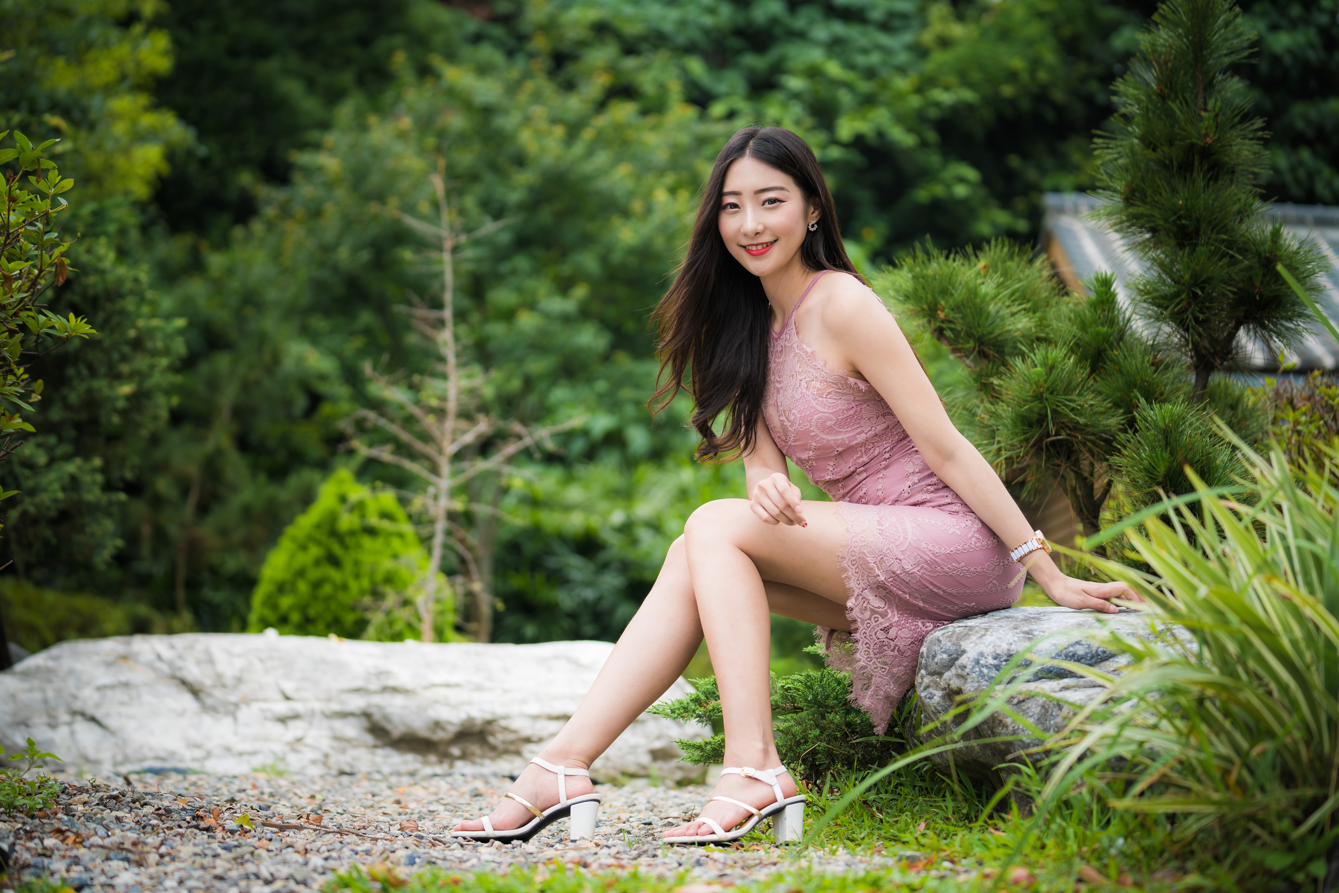 4K Asian Woman Sitting in Pink Dress HD Wallpaper