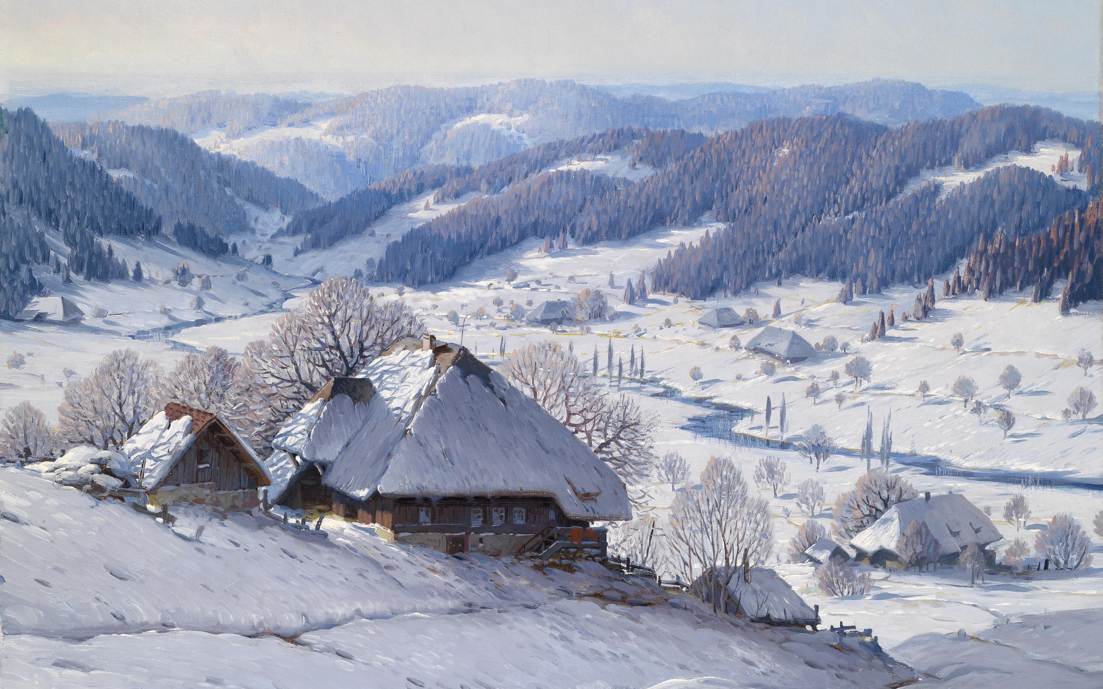4K Winter Scenery with Houses HD Wallpaper