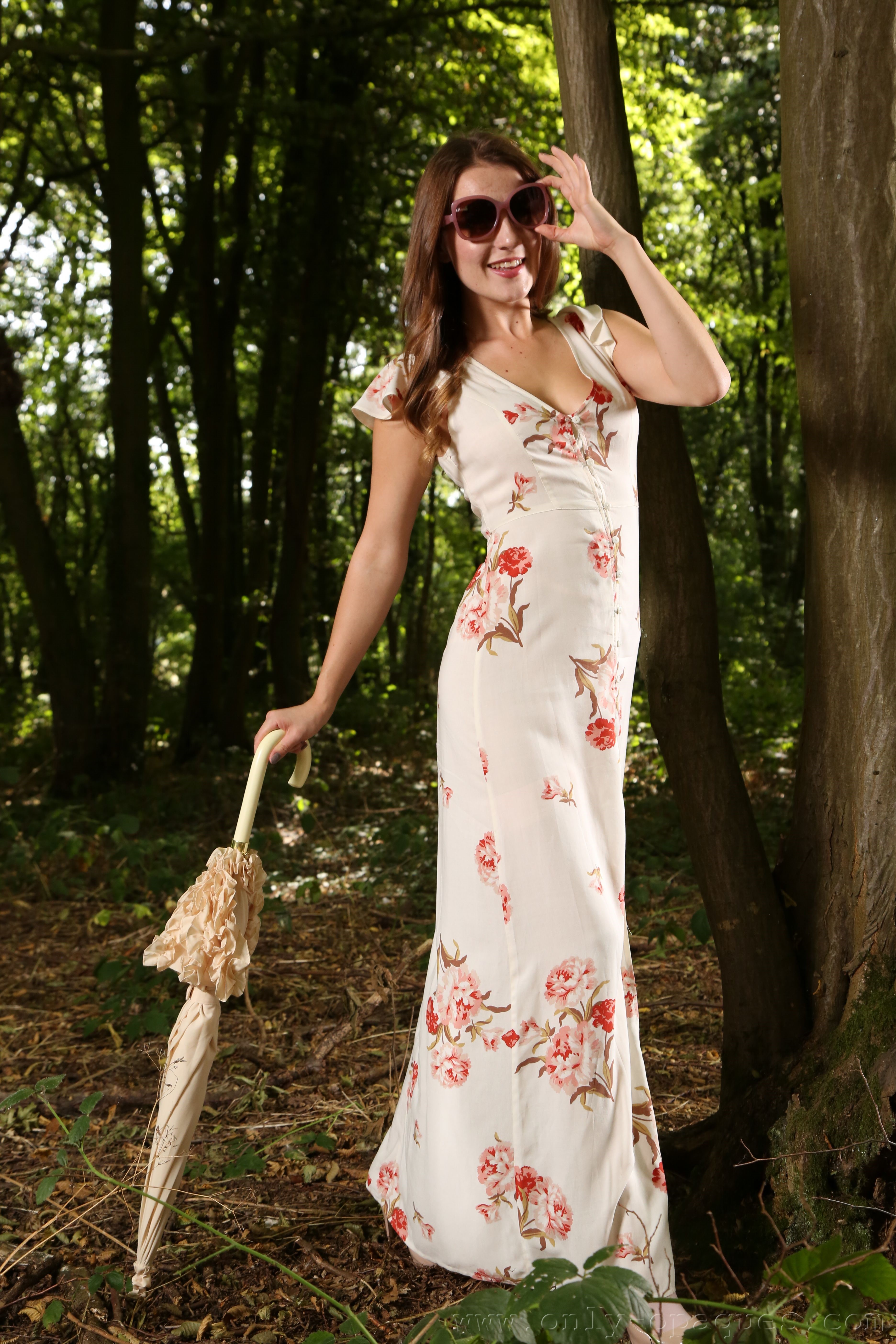 Woman in floral dress holding an umbrella HD Phone Wallpaper