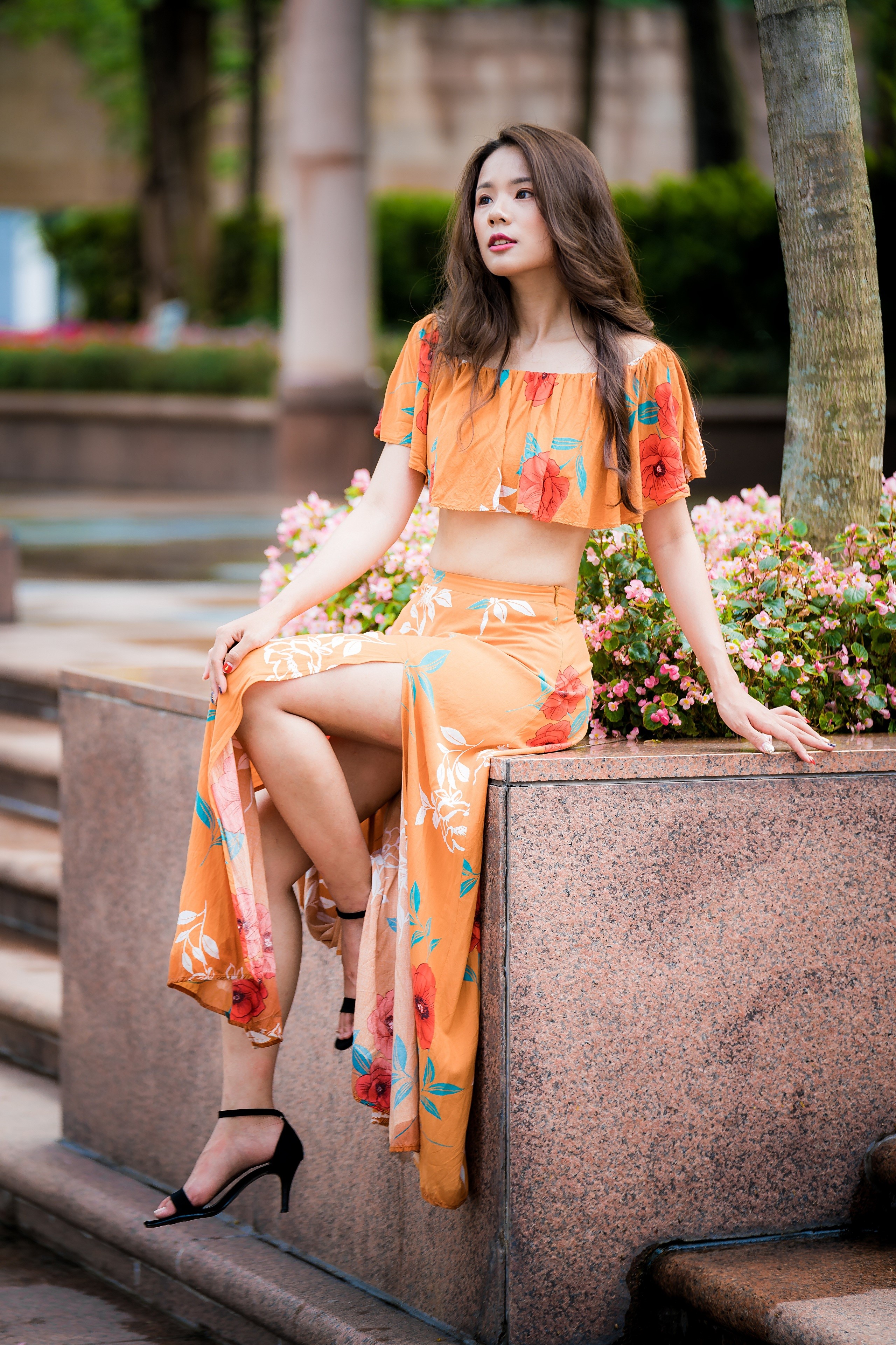 Asian Woman Sitting Wearing Floral Dress HD Phone Wallpaper