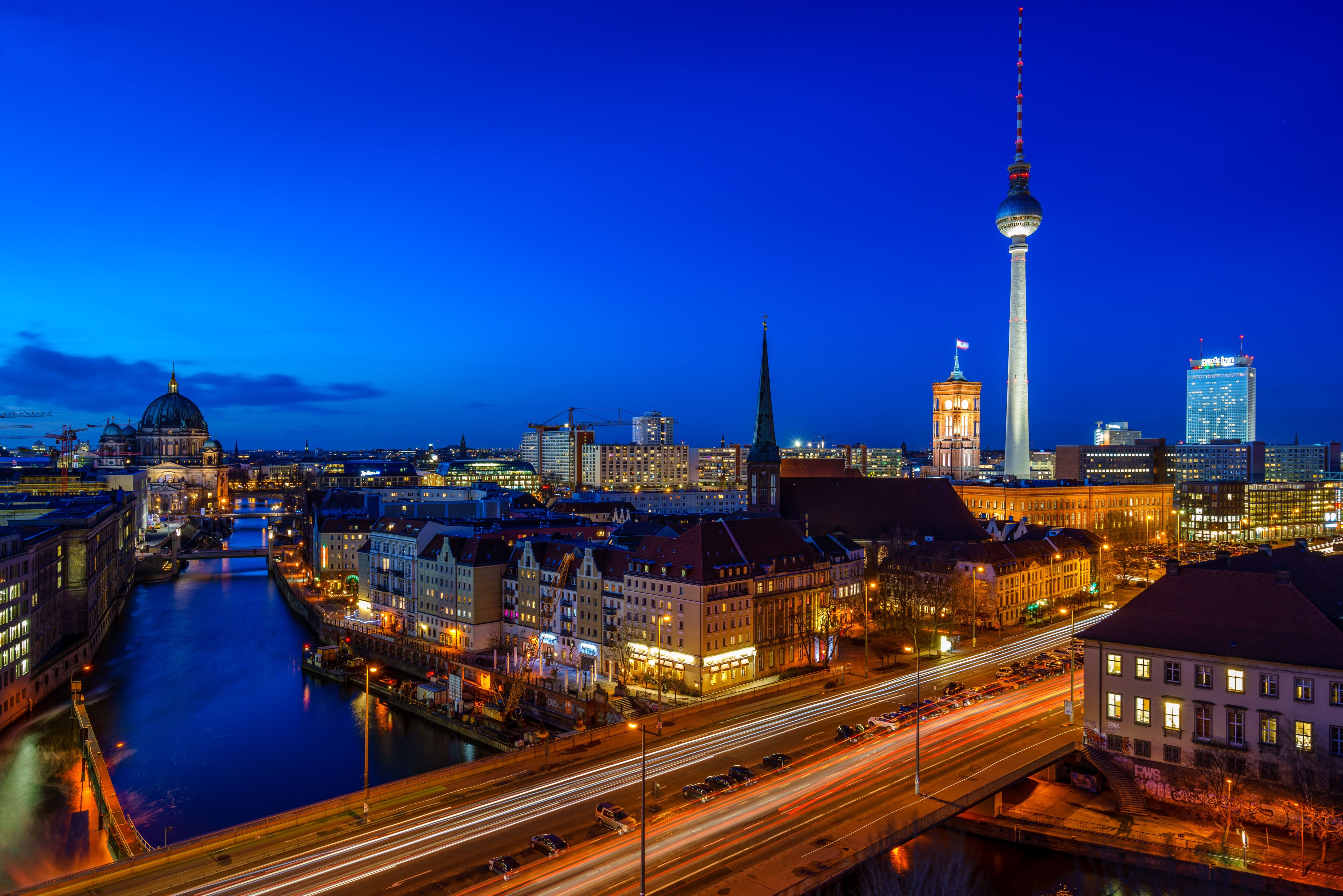 Berlin Skyline with TV Tower and River at Night HD Wallpaper