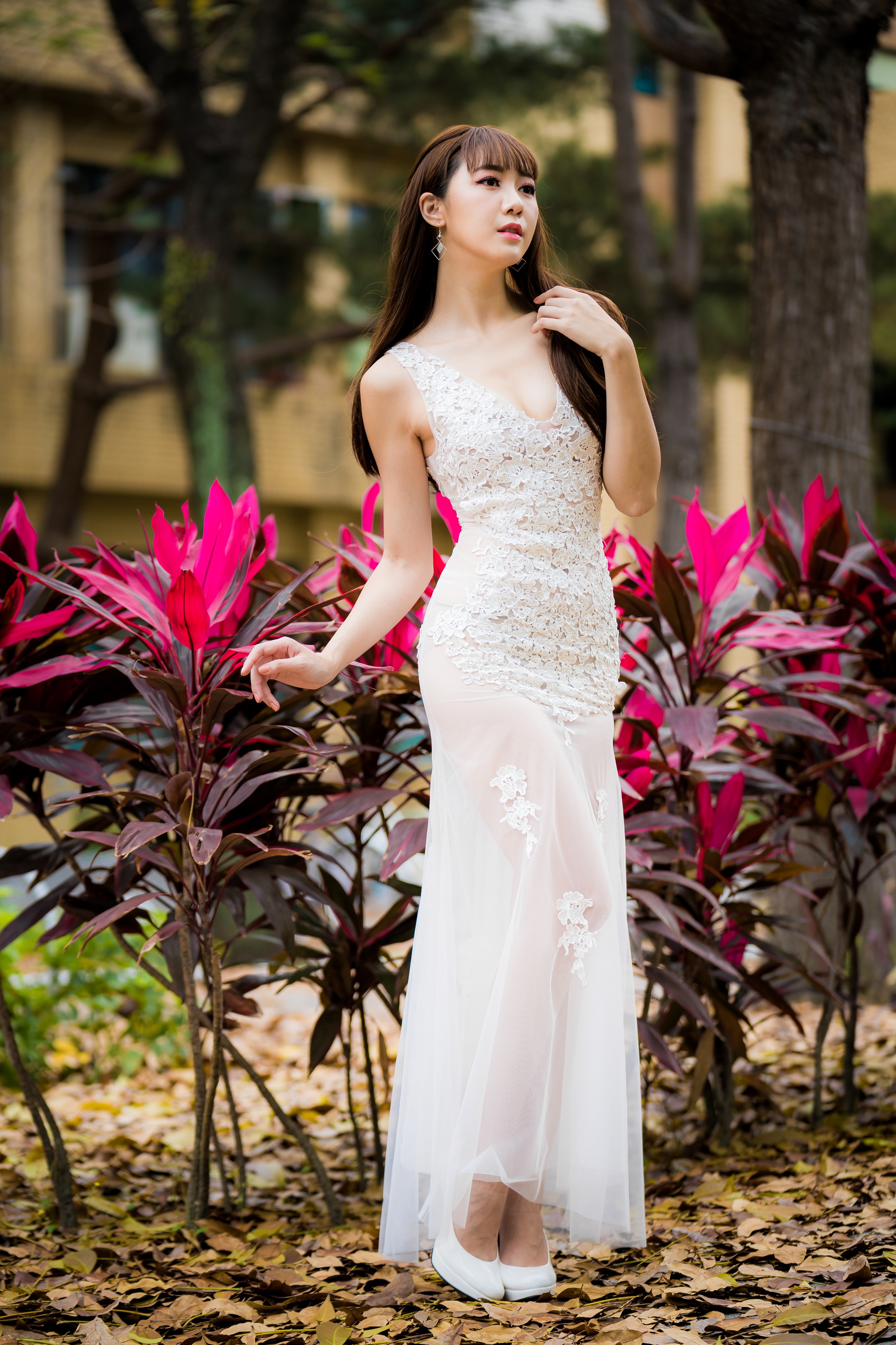 Asian woman in white dress posing outdoors HD Phone Wallpaper