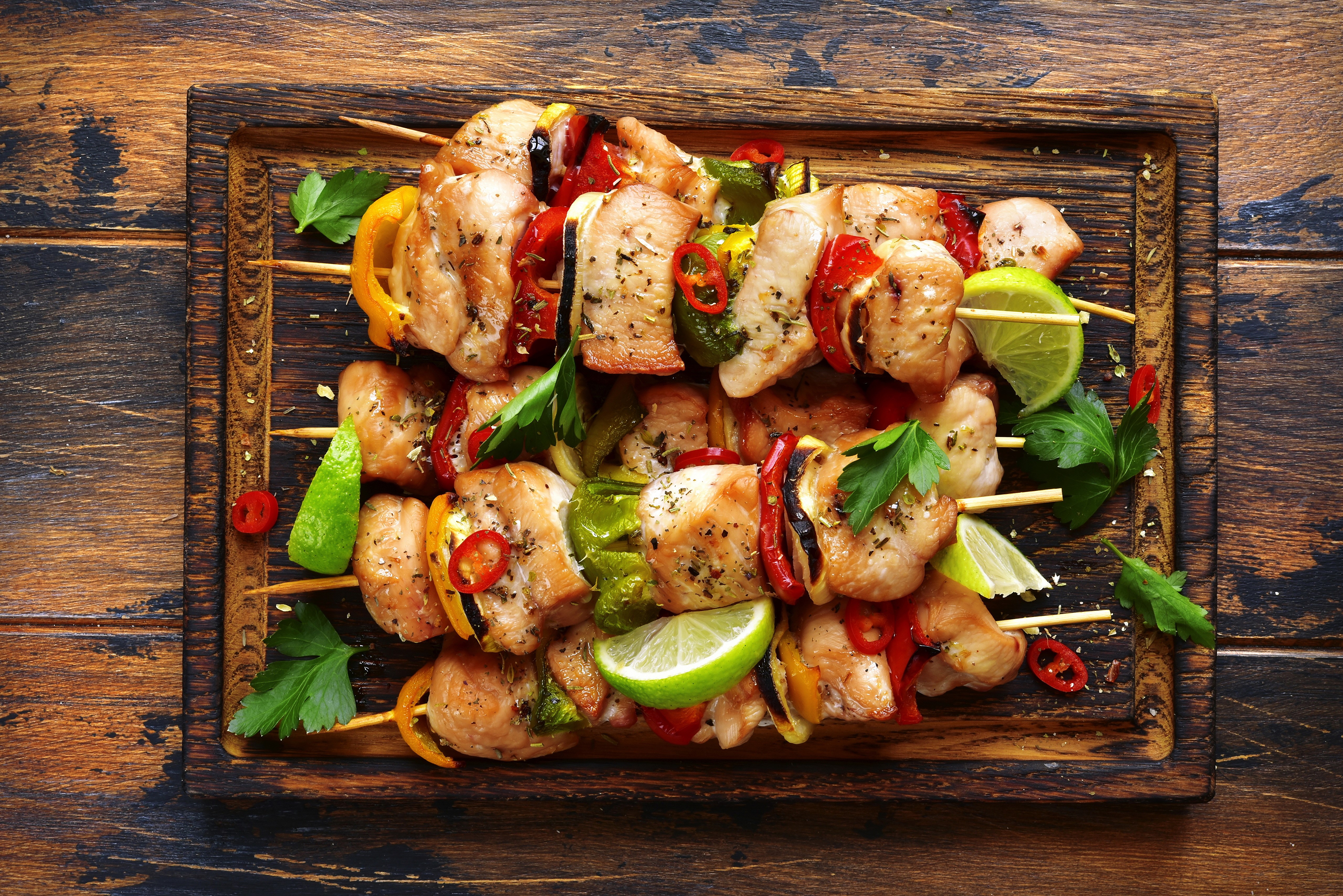 Chicken Shashlik with Vegetables and Lime on a Cutting Board HD Wallpaper