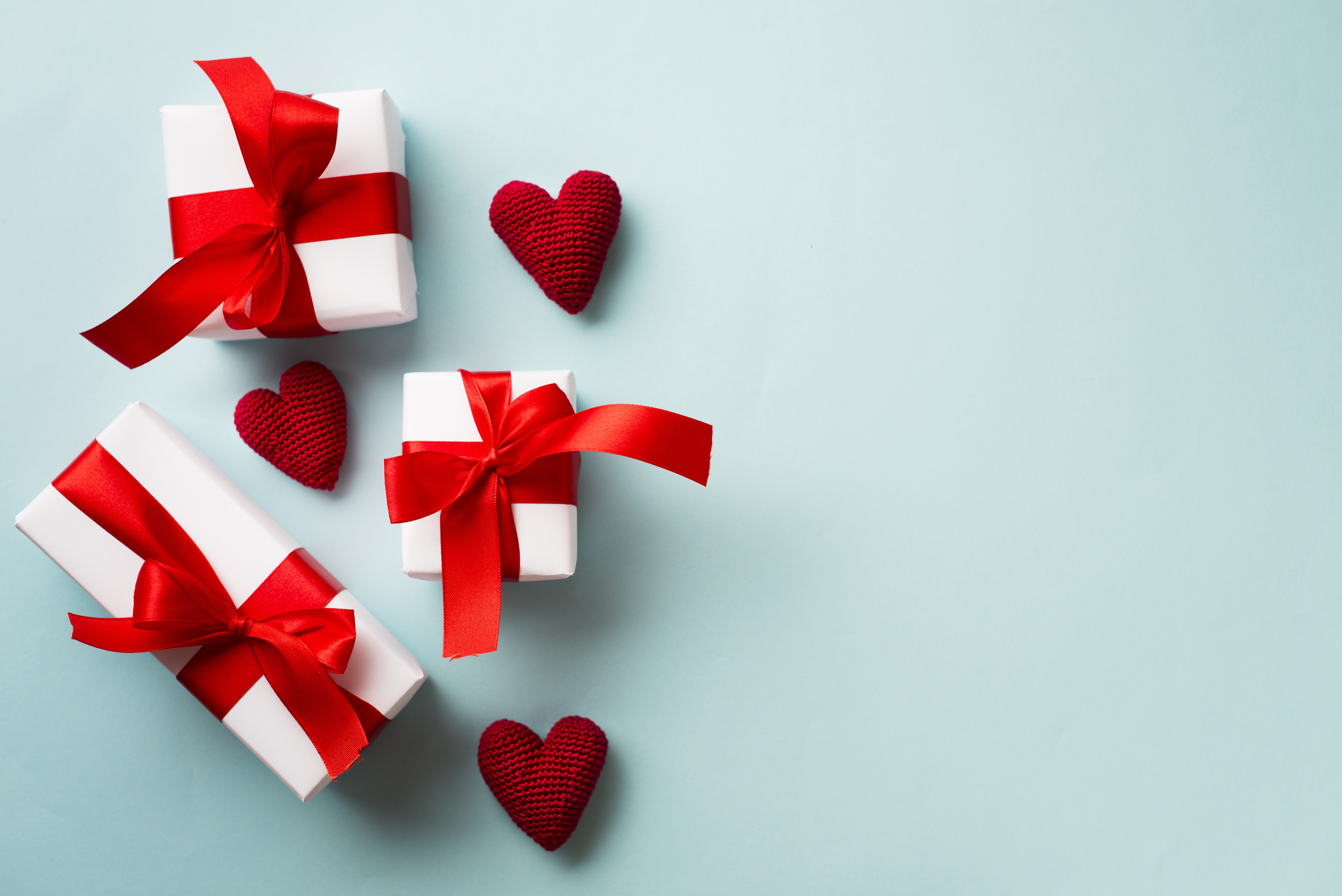 Valentine's Day Gifts and Hearts on Blue Background HD Wallpaper