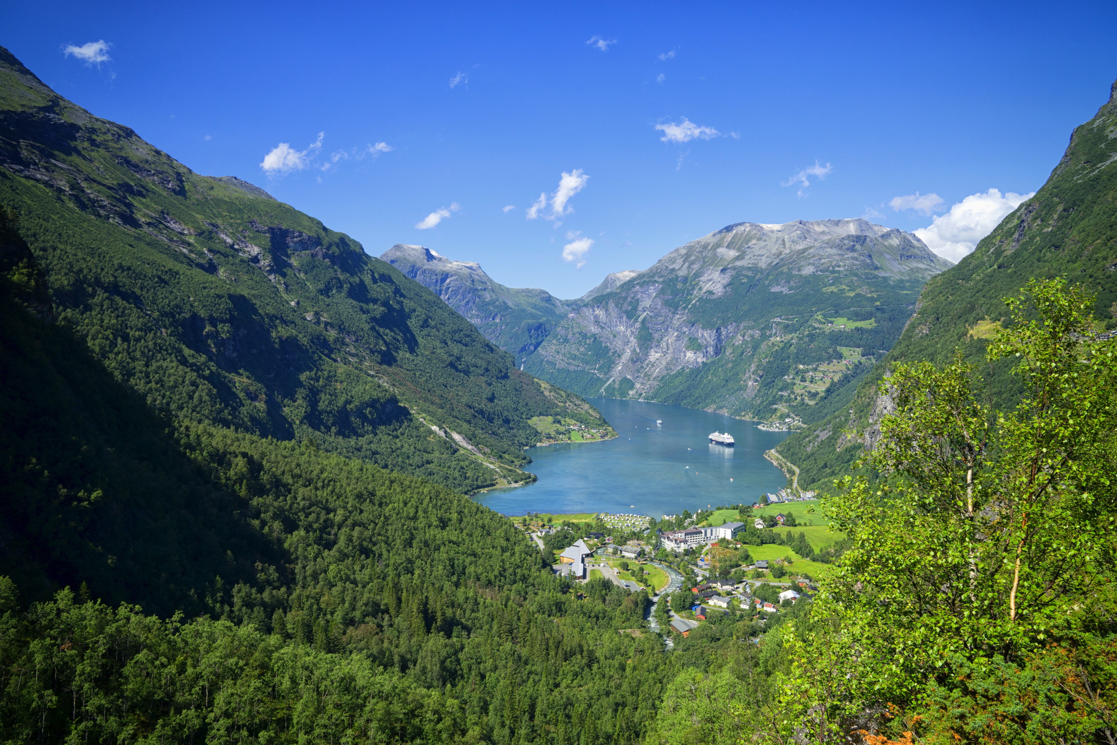 Geiranger Fjord with Cruise Ship and Mountains in Norway HD Wallpaper