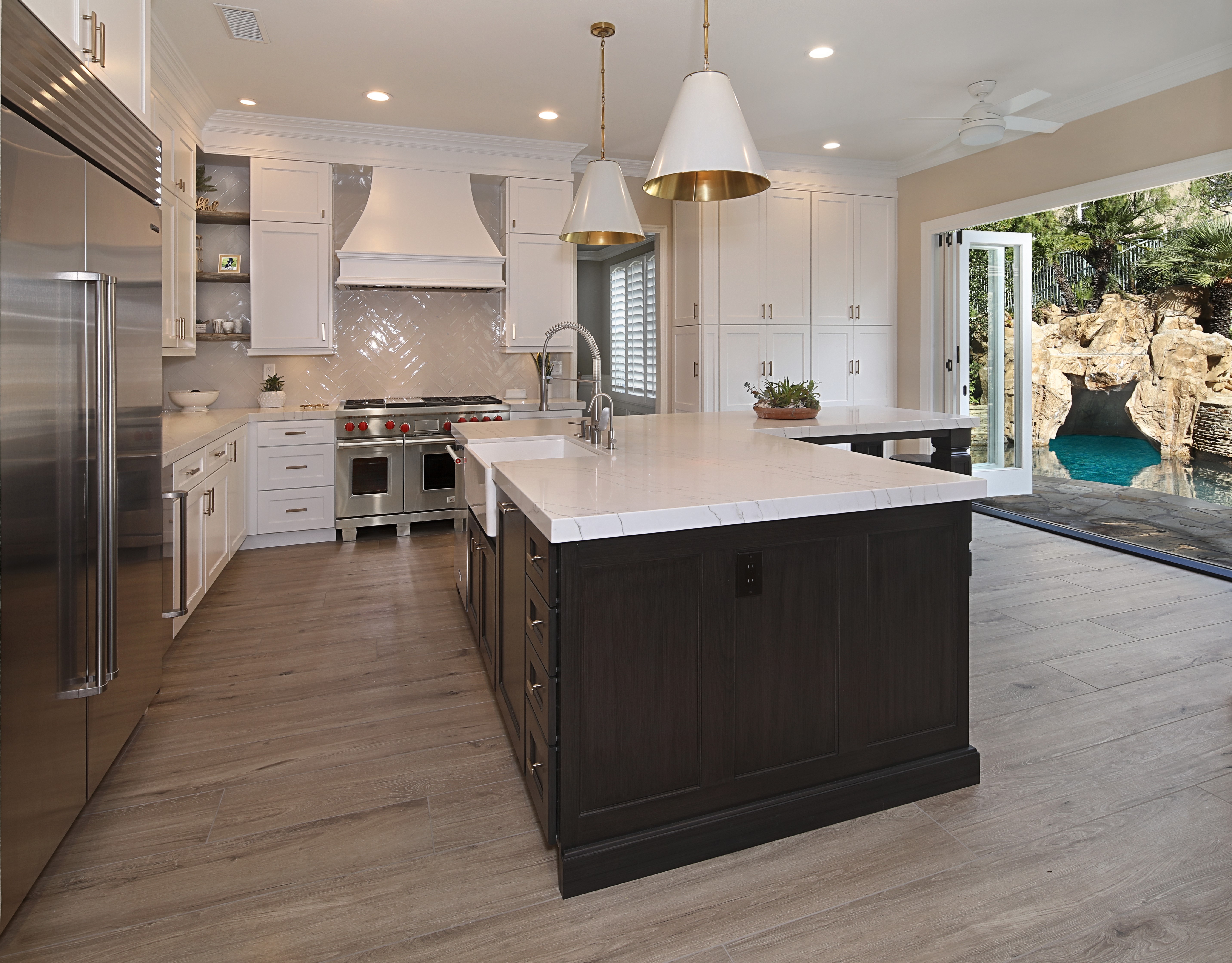 Modern Kitchen with Island and Pool View HD Wallpaper