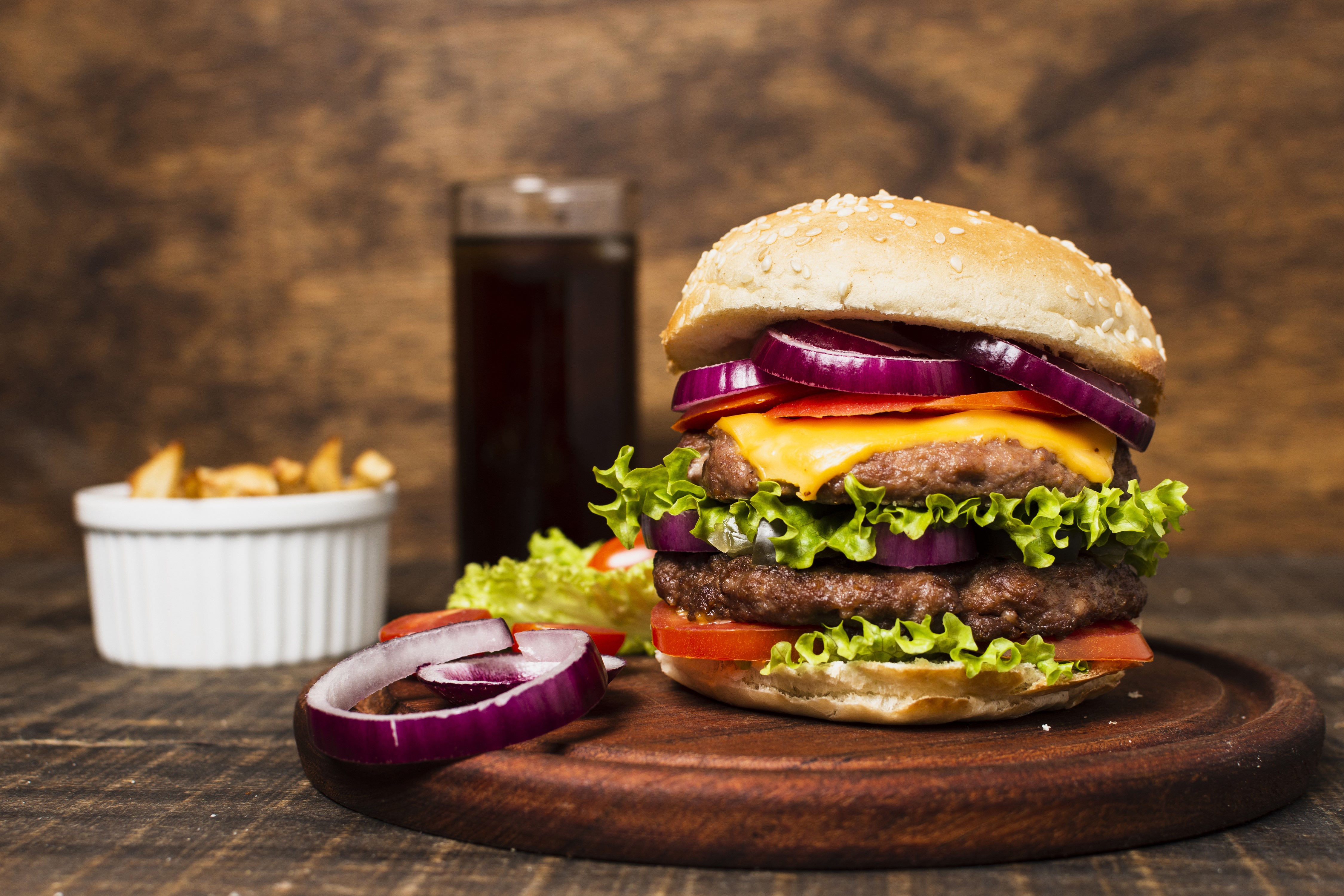 Double Hamburger with Fries and Soda HD Wallpaper
