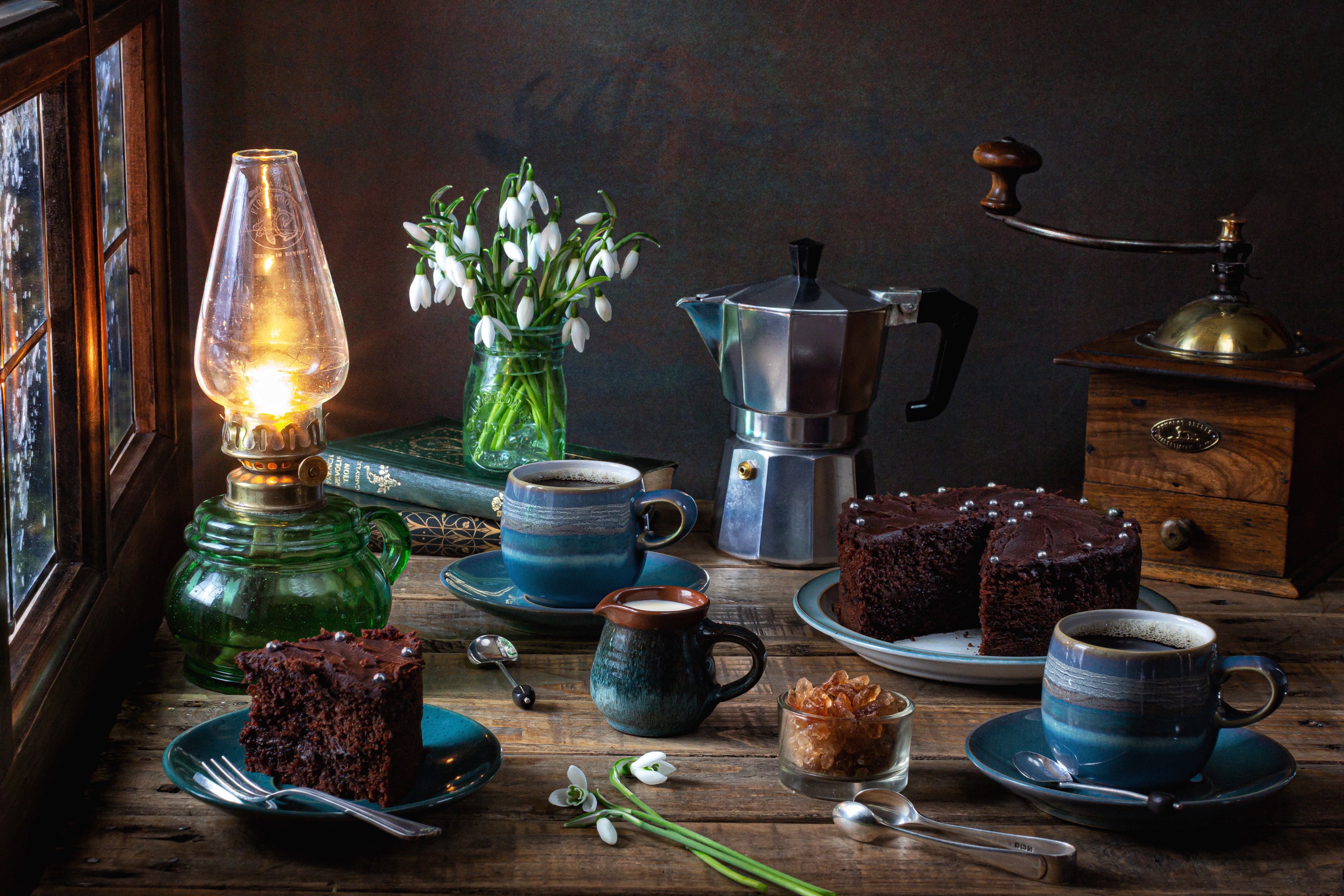 Still-life with Kerosene lamp, Snowdrops, Kettle, Cakes, Coffee HD Wallpaper