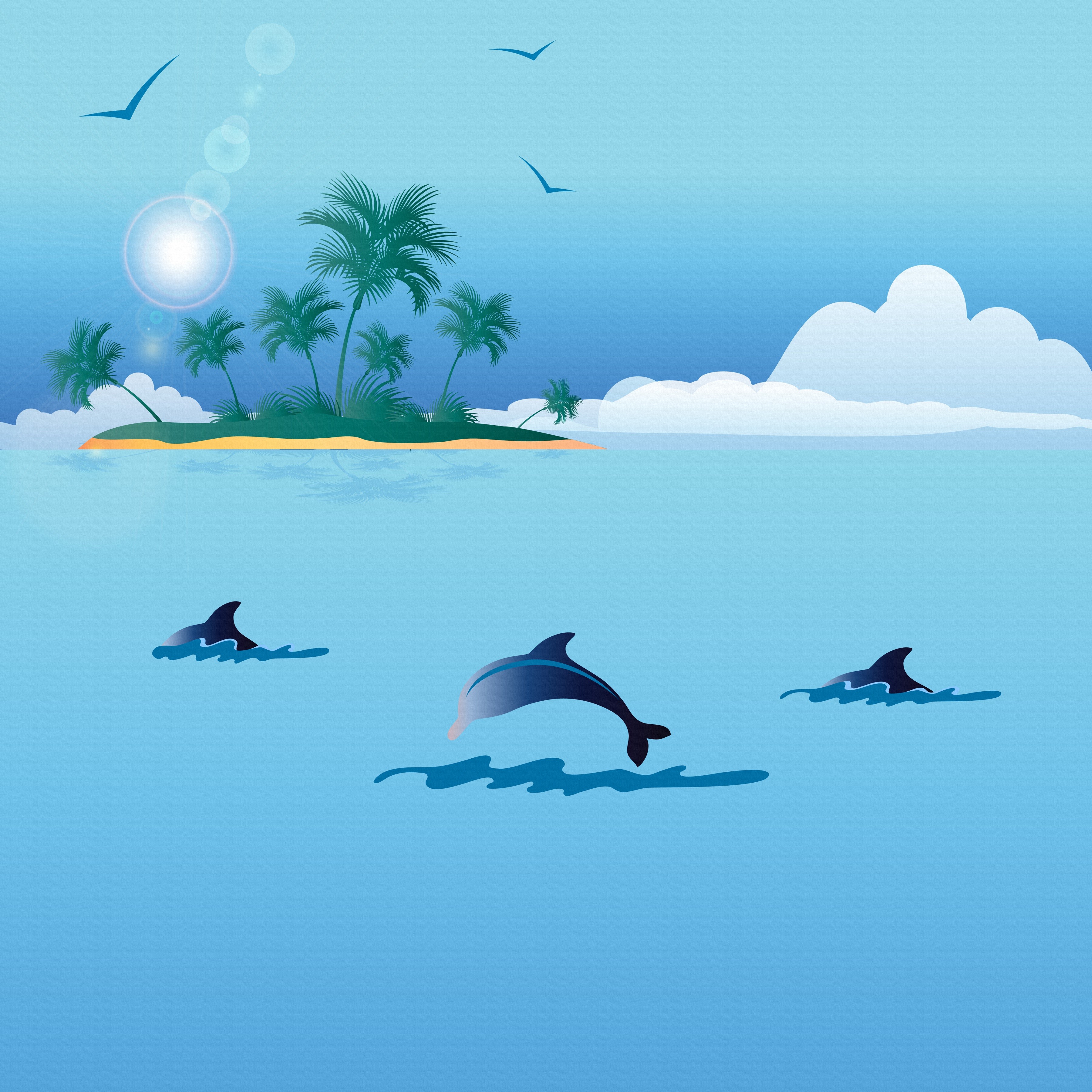 Island with palm trees and dolphins in the sea HD Wallpaper