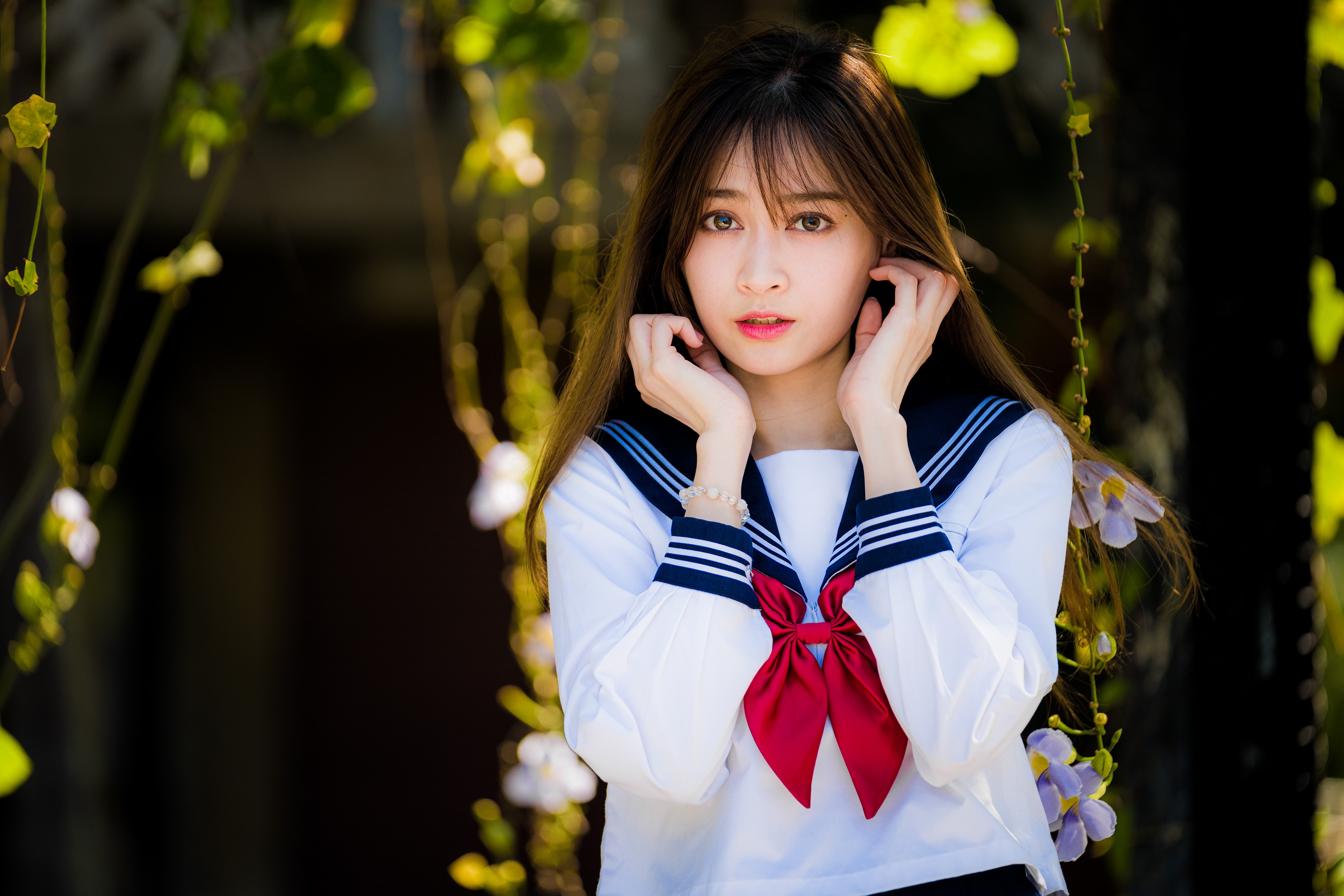 4K Asian Schoolgirl in Uniform with Bokeh HD Wallpaper