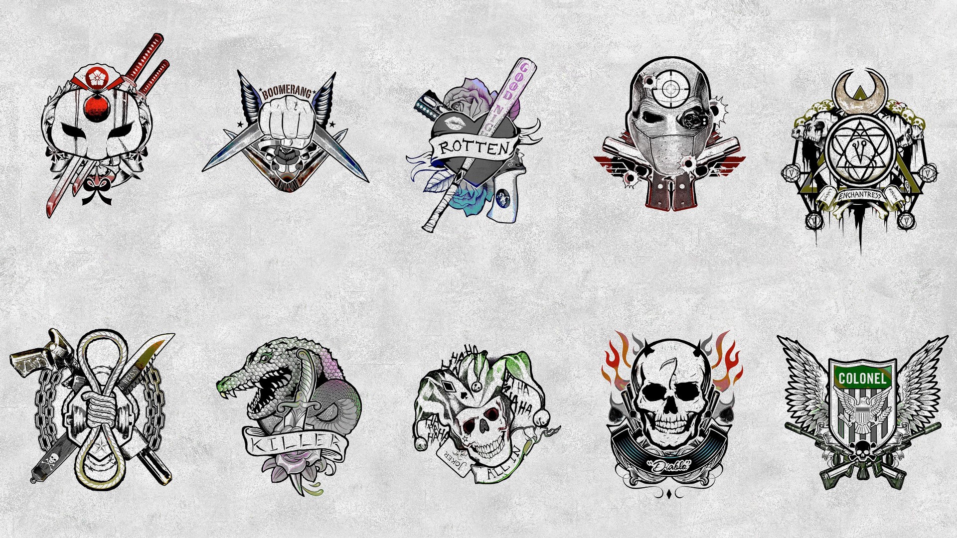 Suicide Squad 2016 character emblems and tattoos HD Wallpaper