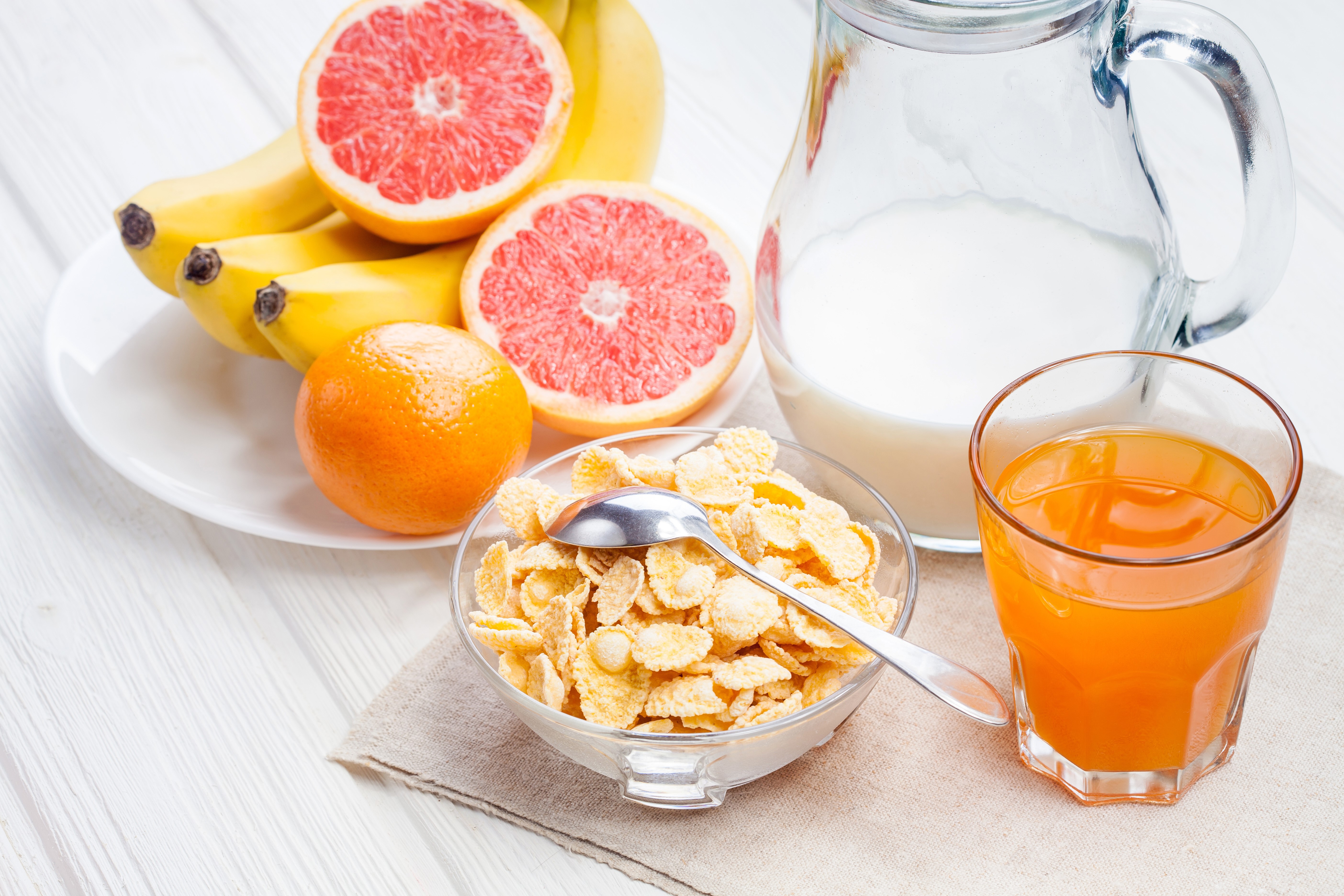 Breakfast with Corn Flakes, Fruit, and Juice HD Wallpaper