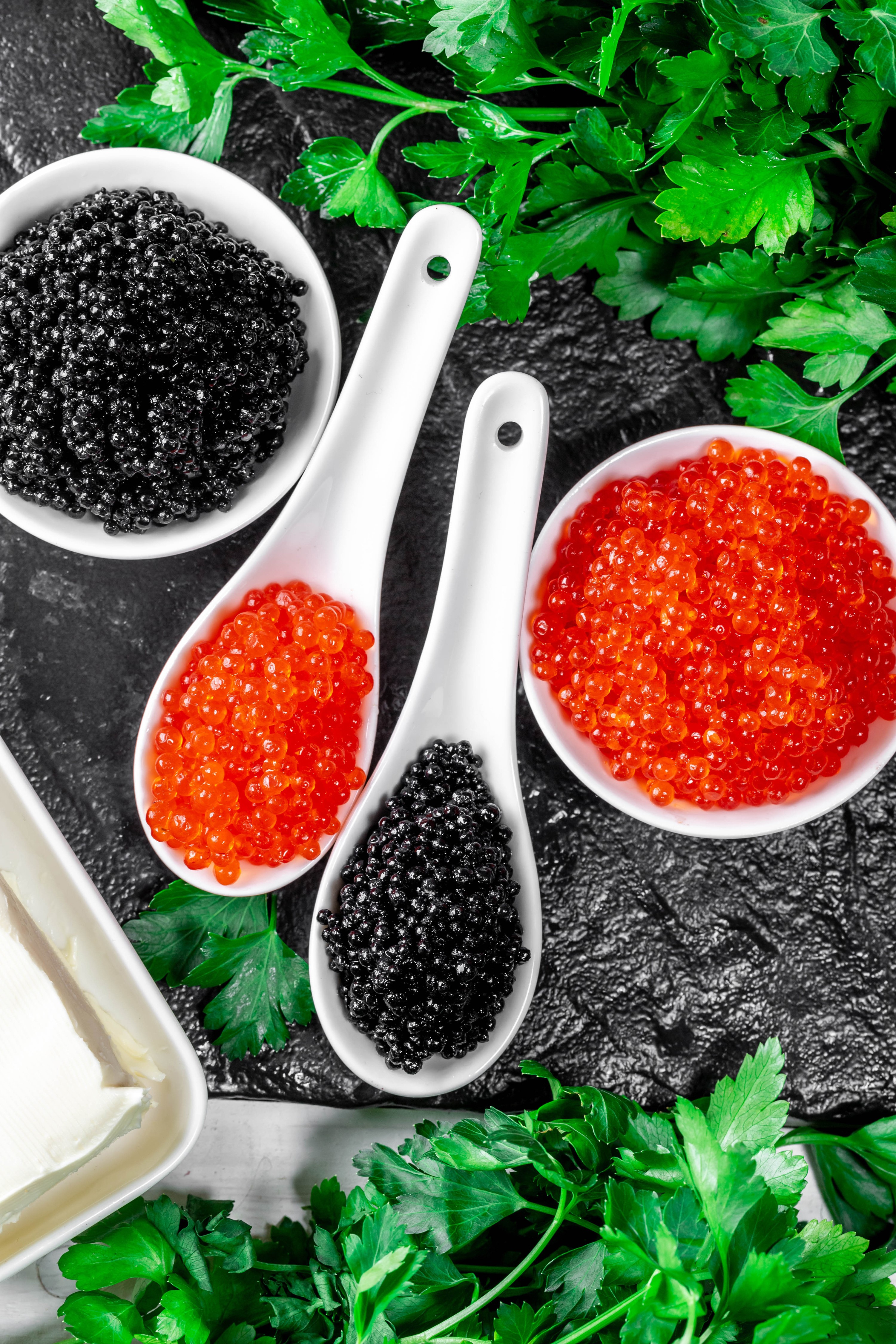 Black and red caviar with butter and parsley HD Phone Wallpaper