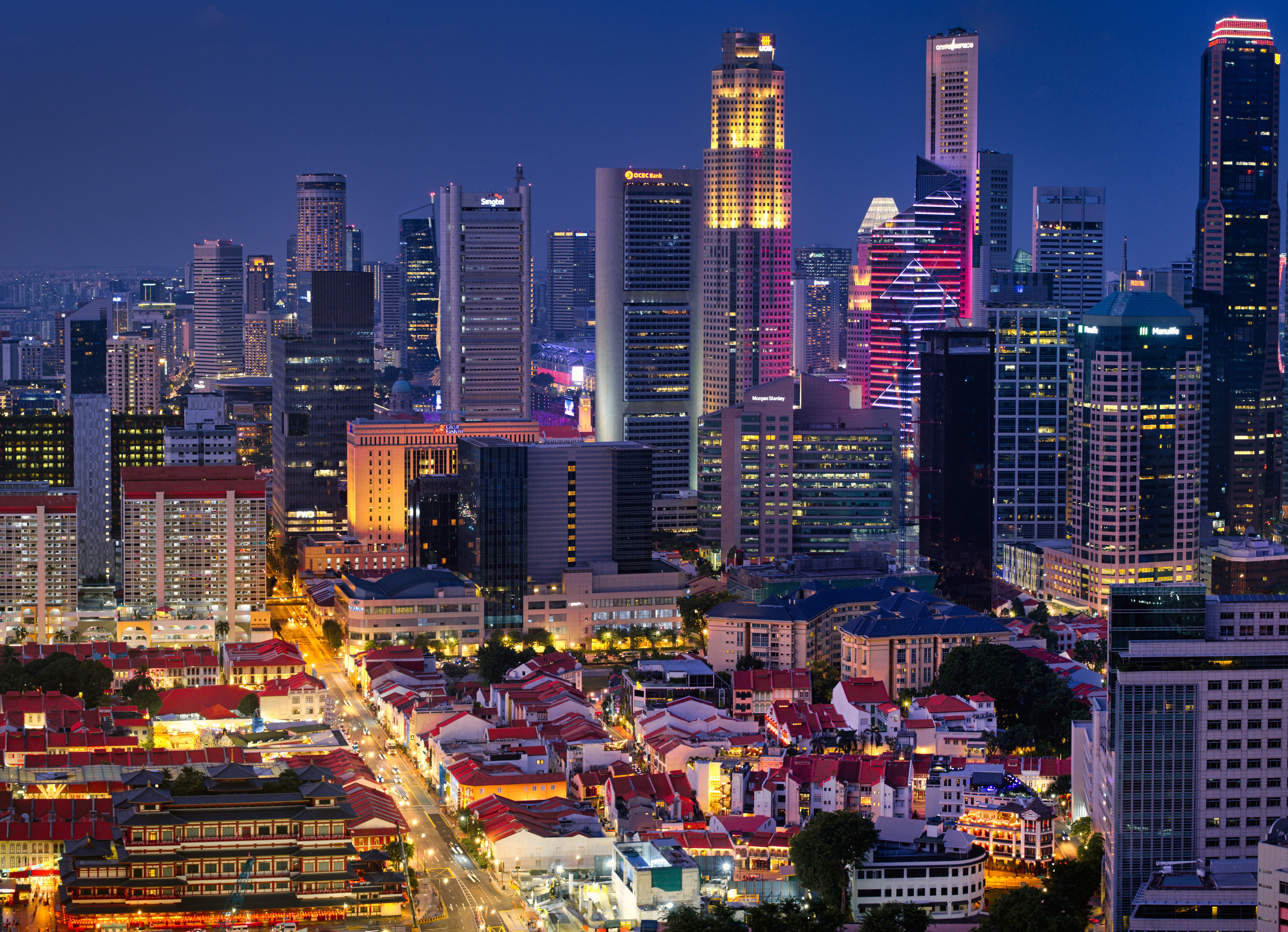 Singapore Skyline at Dusk with Traditional Houses HD Wallpaper