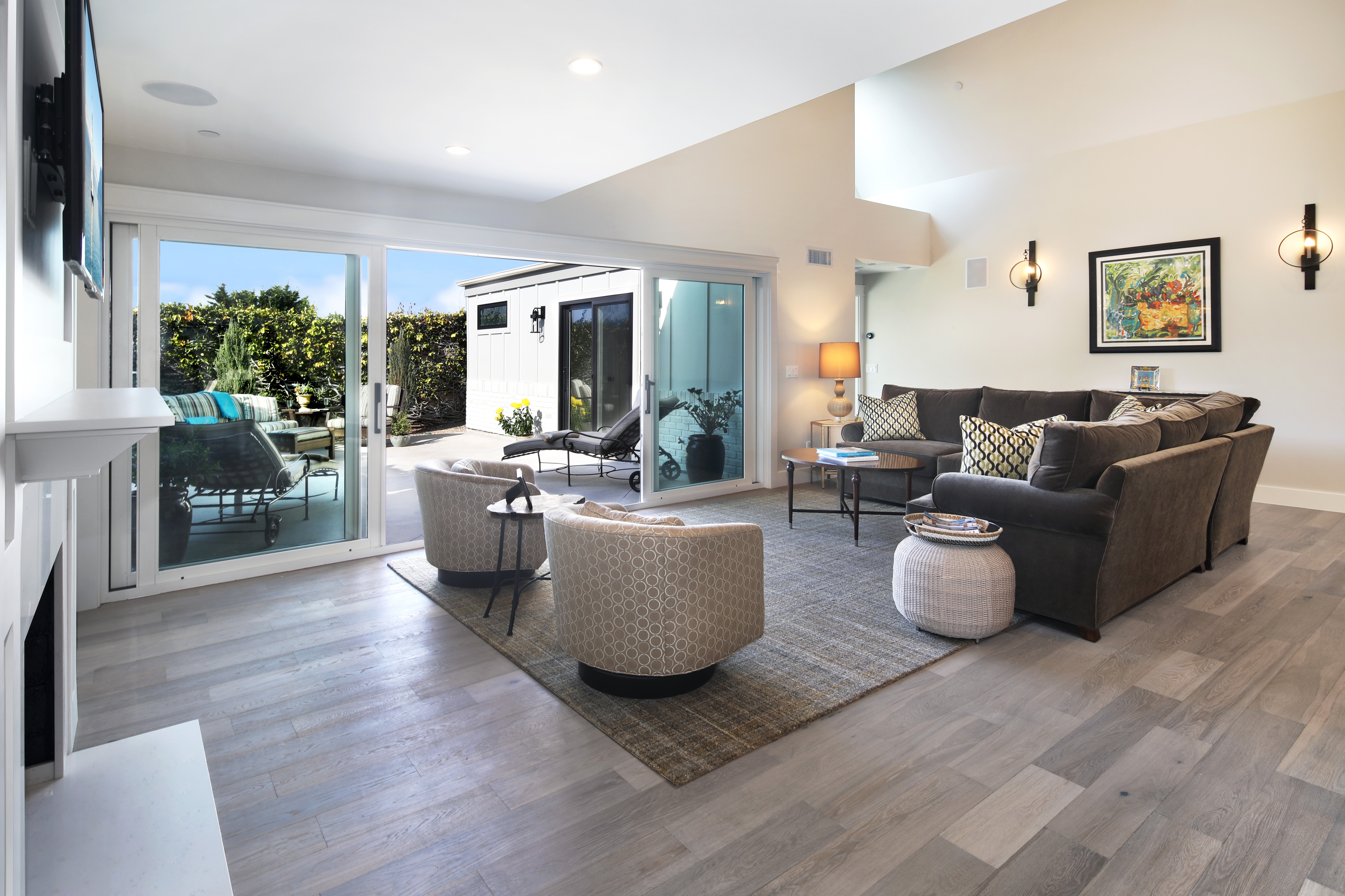 Living room with sliding doors to patio HD Wallpaper