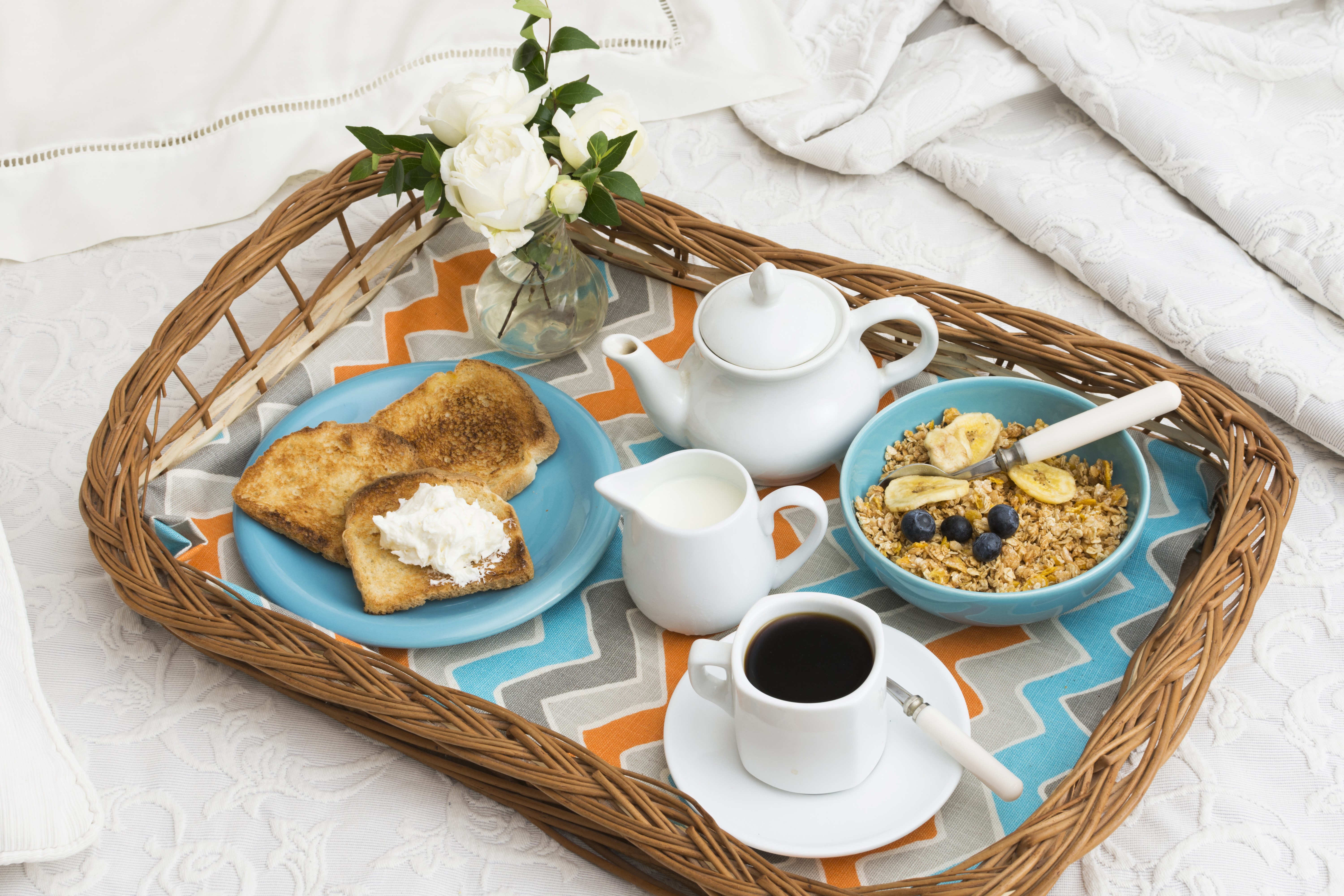 Breakfast tray with muesli, toast, coffee, and roses HD Wallpaper