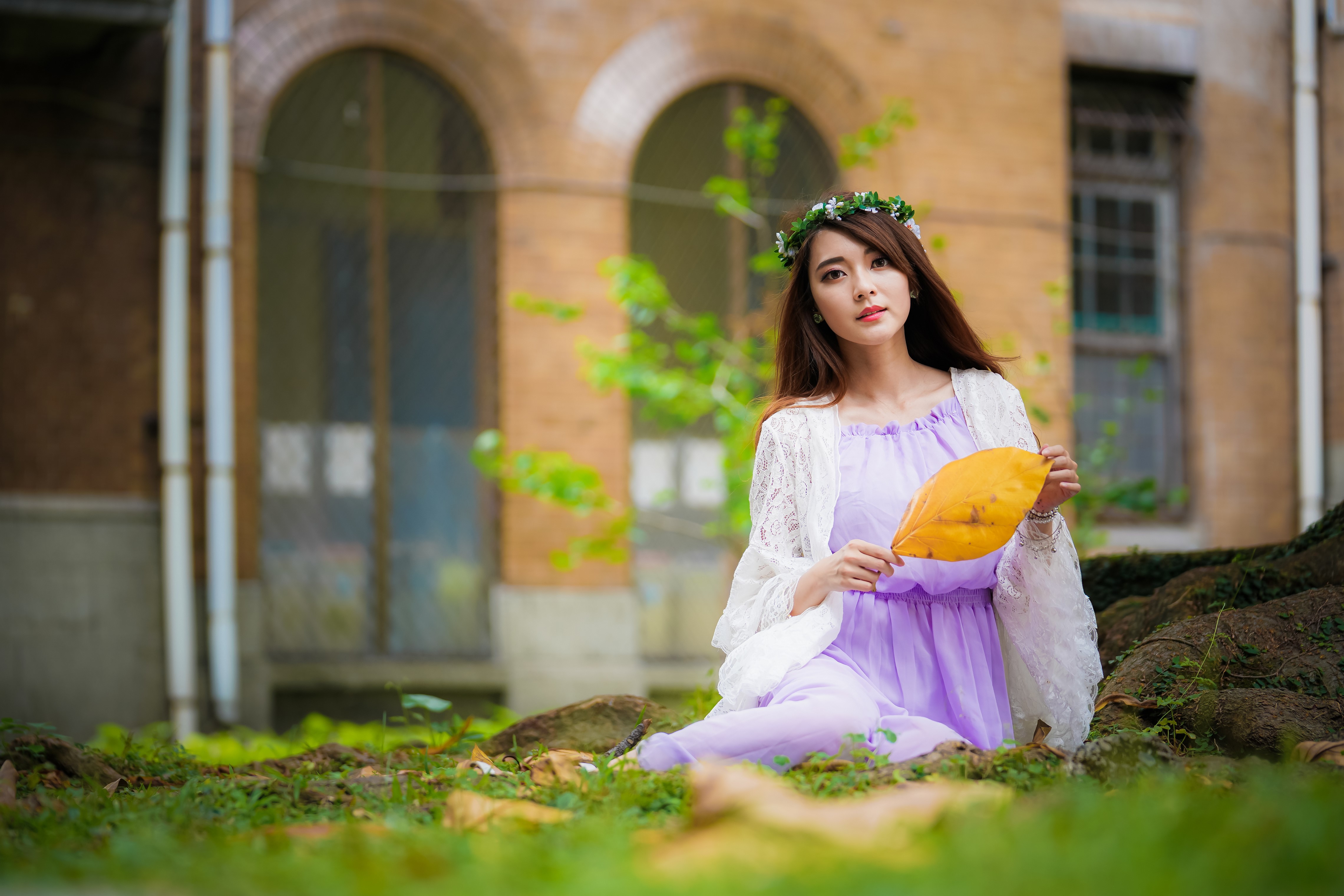 Asian woman with brown hair wearing a wreath and dress HD Wallpaper