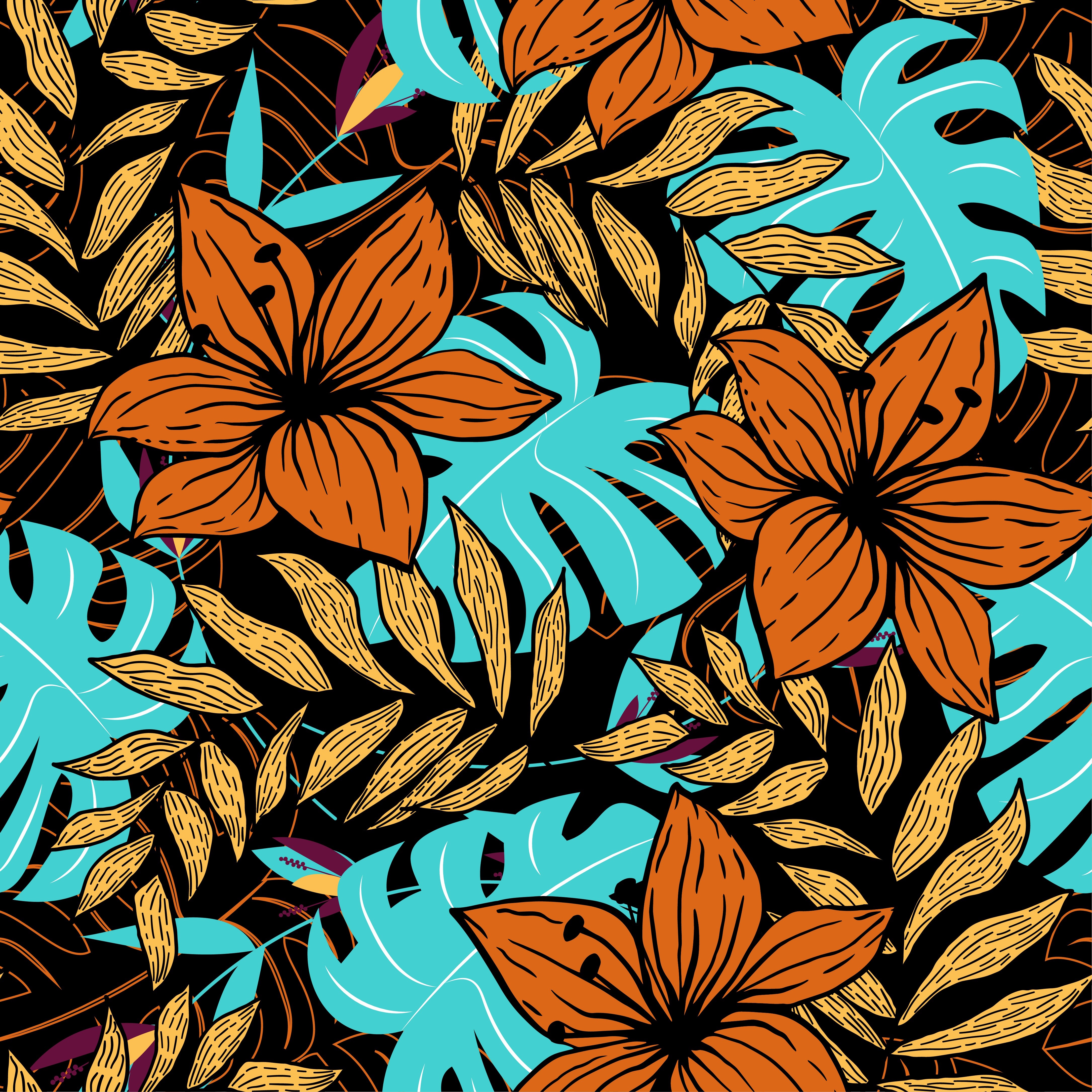 Tropical Floral Pattern with Orange Flowers and Blue Leaves HD Wallpaper