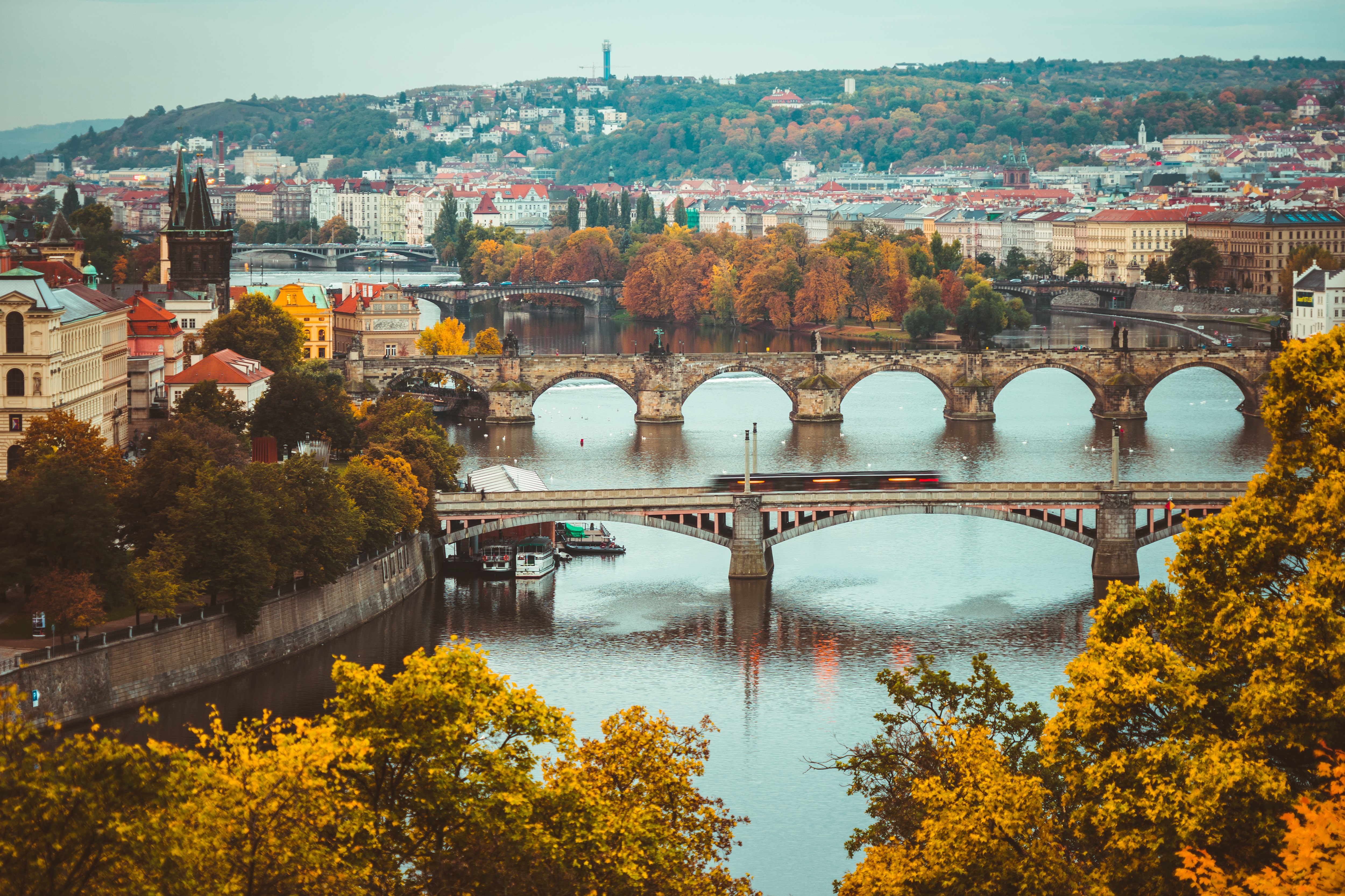 Prague Bridges over Vltava River in Autumn HD Wallpaper