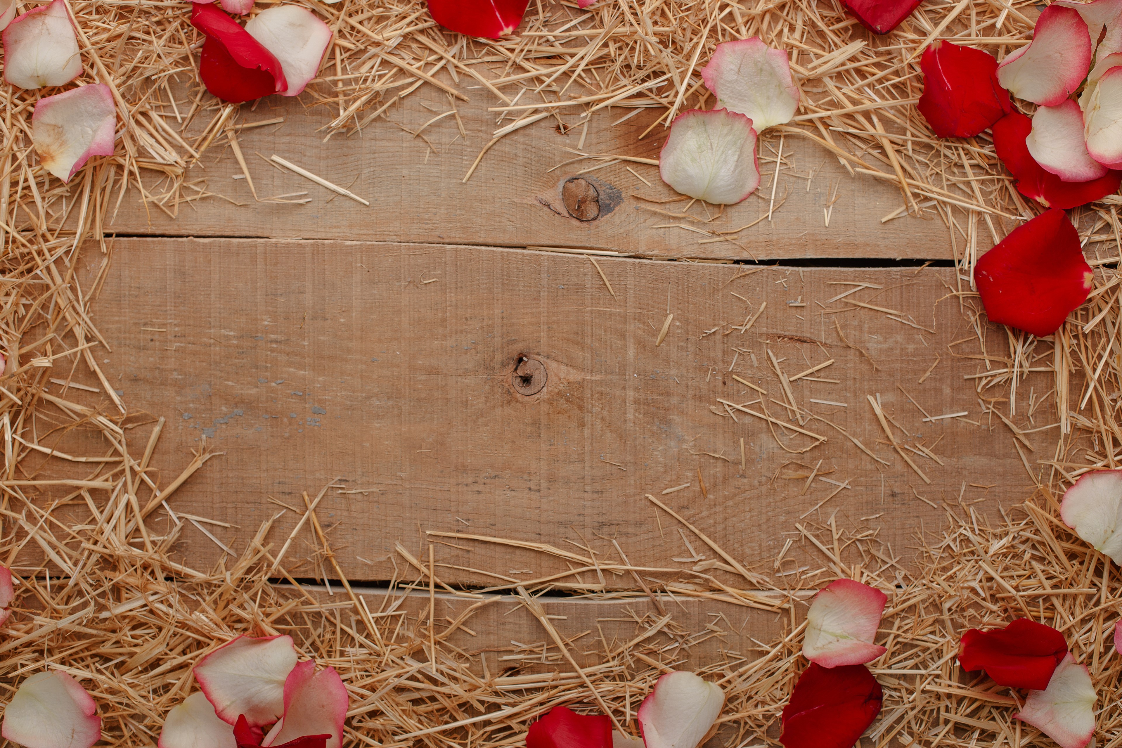 Wood planks with straw and rose petals HD Wallpaper