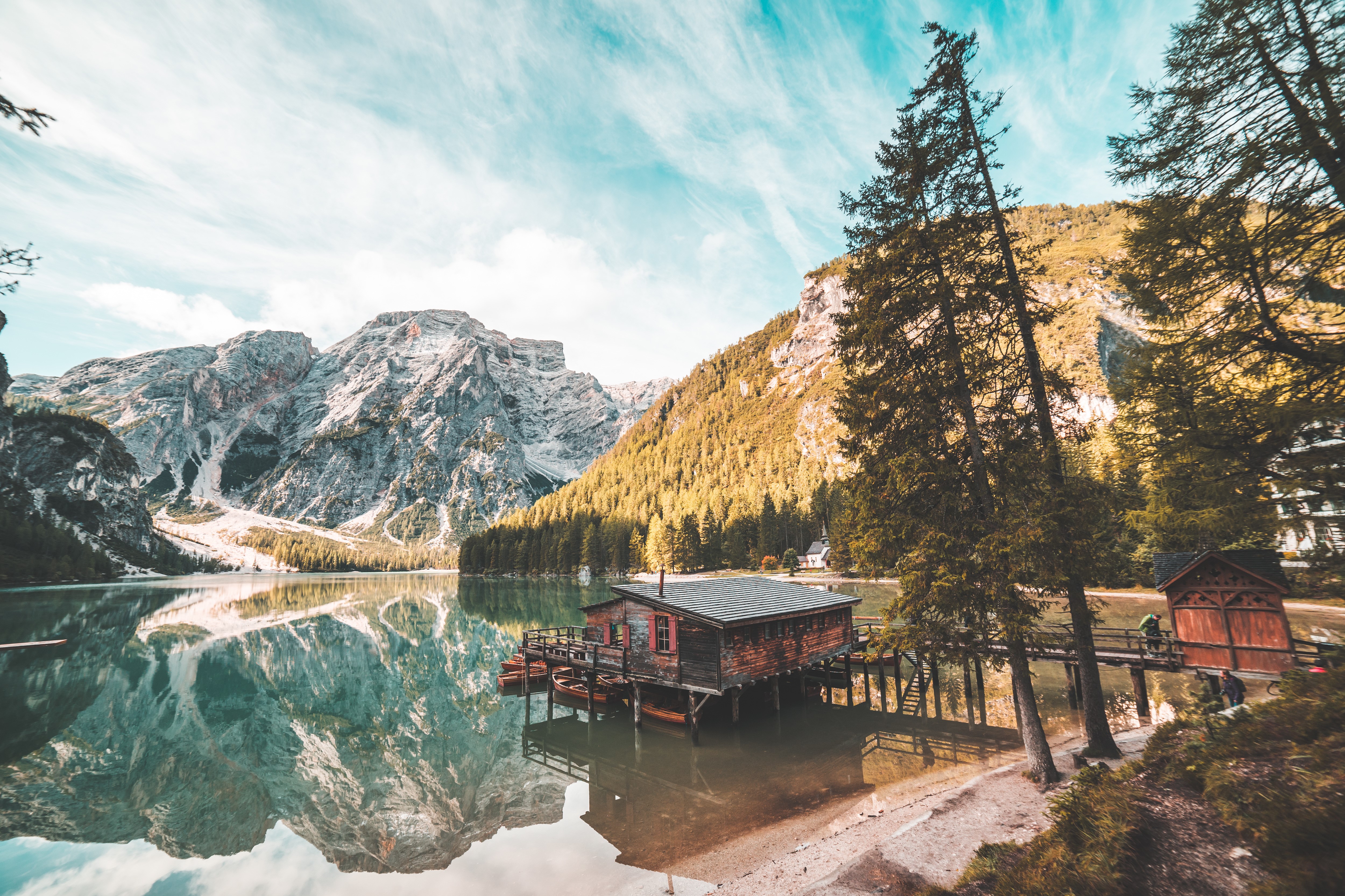 Braies Lake with Mountains and Boathouse in South Tyrol, Italy HD Wallpaper